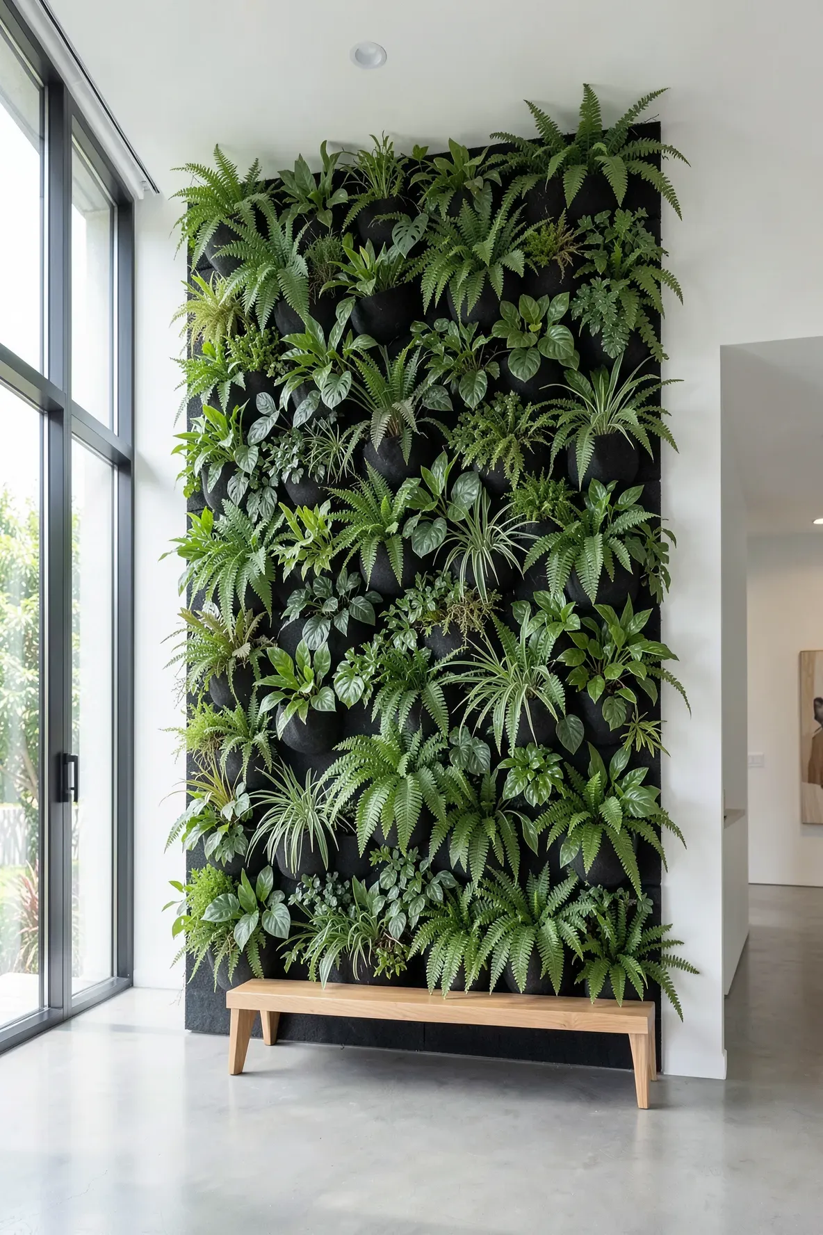 A full wall covered in lush green plants growing from black felt pockets in a bright modern room.