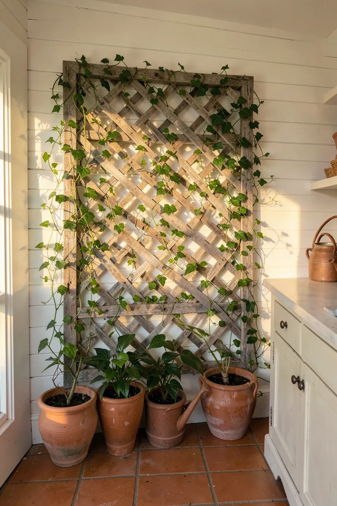 Green ivy vines climbing a rustic wooden lattice mounted on a white kitchen wall.