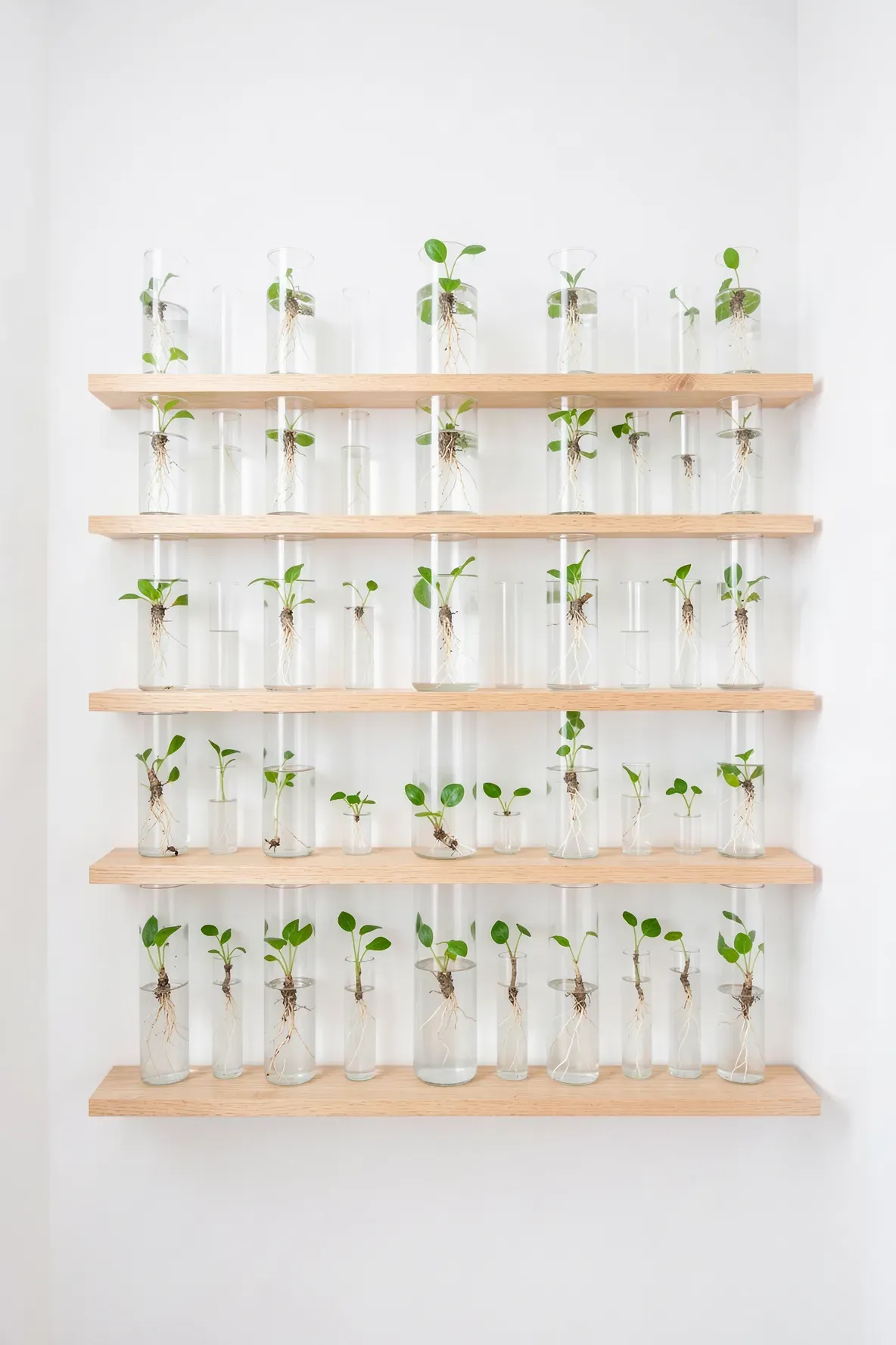Glass test tubes with plant cuttings and visible roots mounted on wooden wall racks.