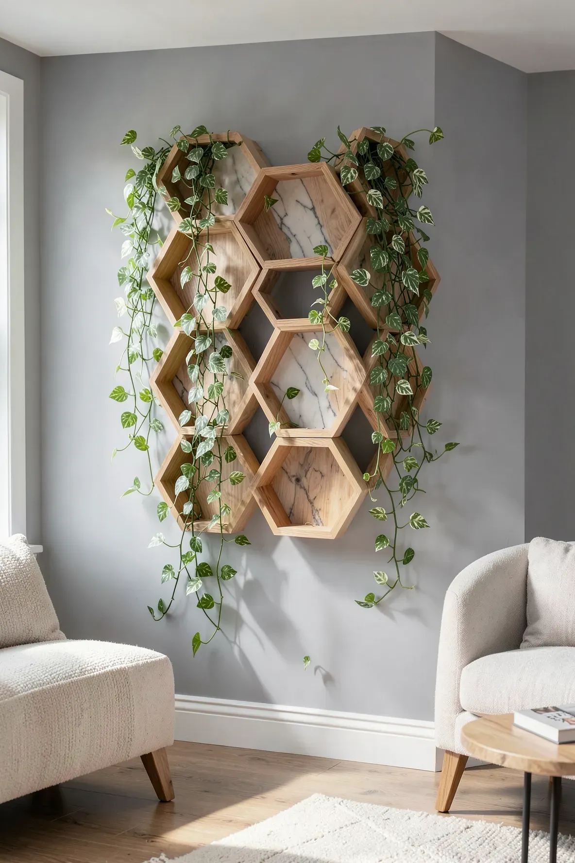 Wooden honeycomb shelves on a grey wall with green and white pothos vines draping down.