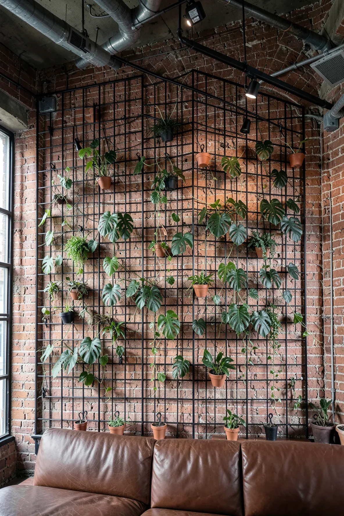 A black metal mesh grid on a brick wall holding various climbing indoor plants.