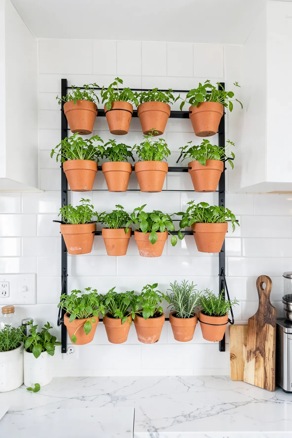Rows of terracotta pots hanging from black metal rails against a white tiled kitchen wall.