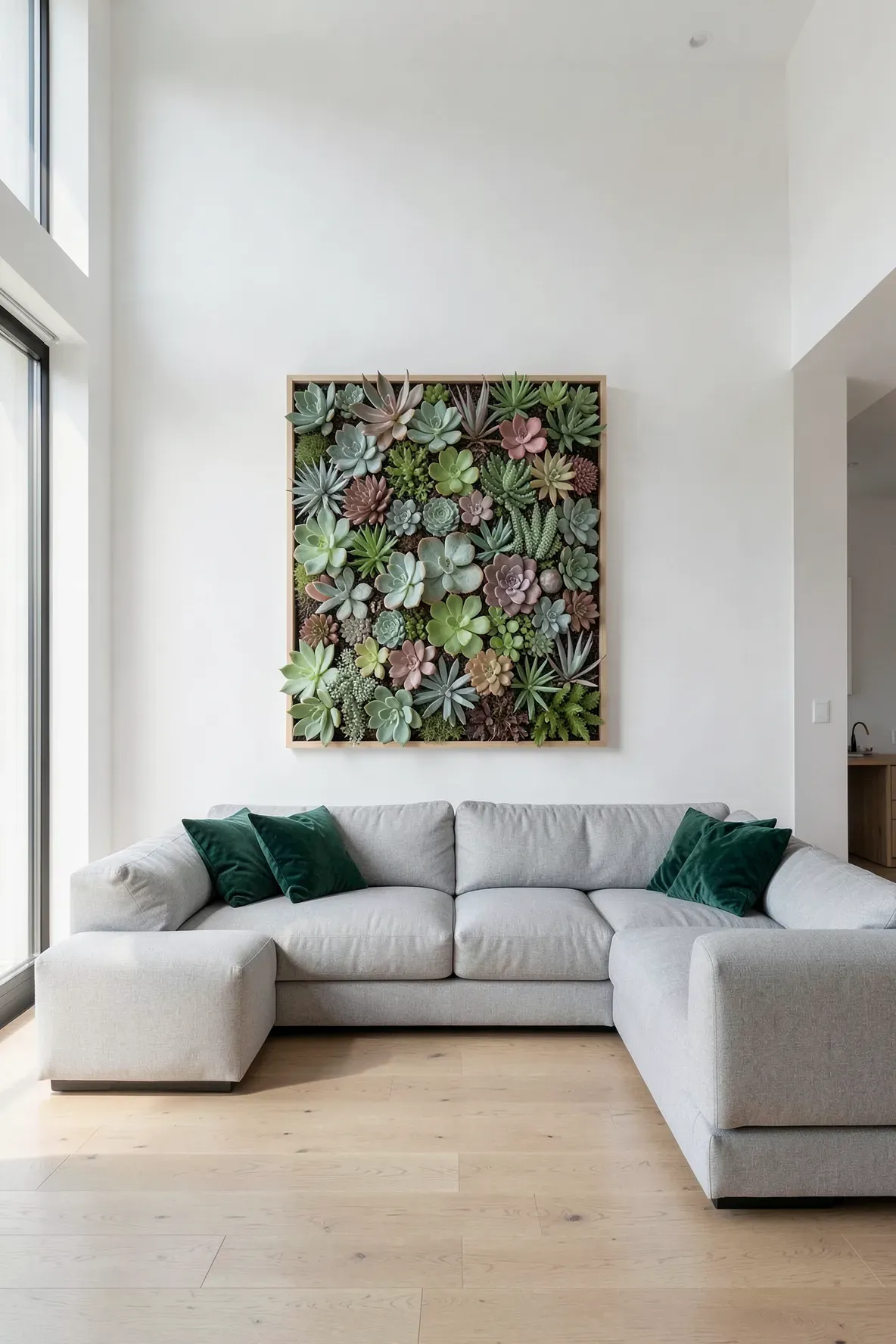 A large vertical wooden frame filled with colorful succulents hanging in a modern white living room.
