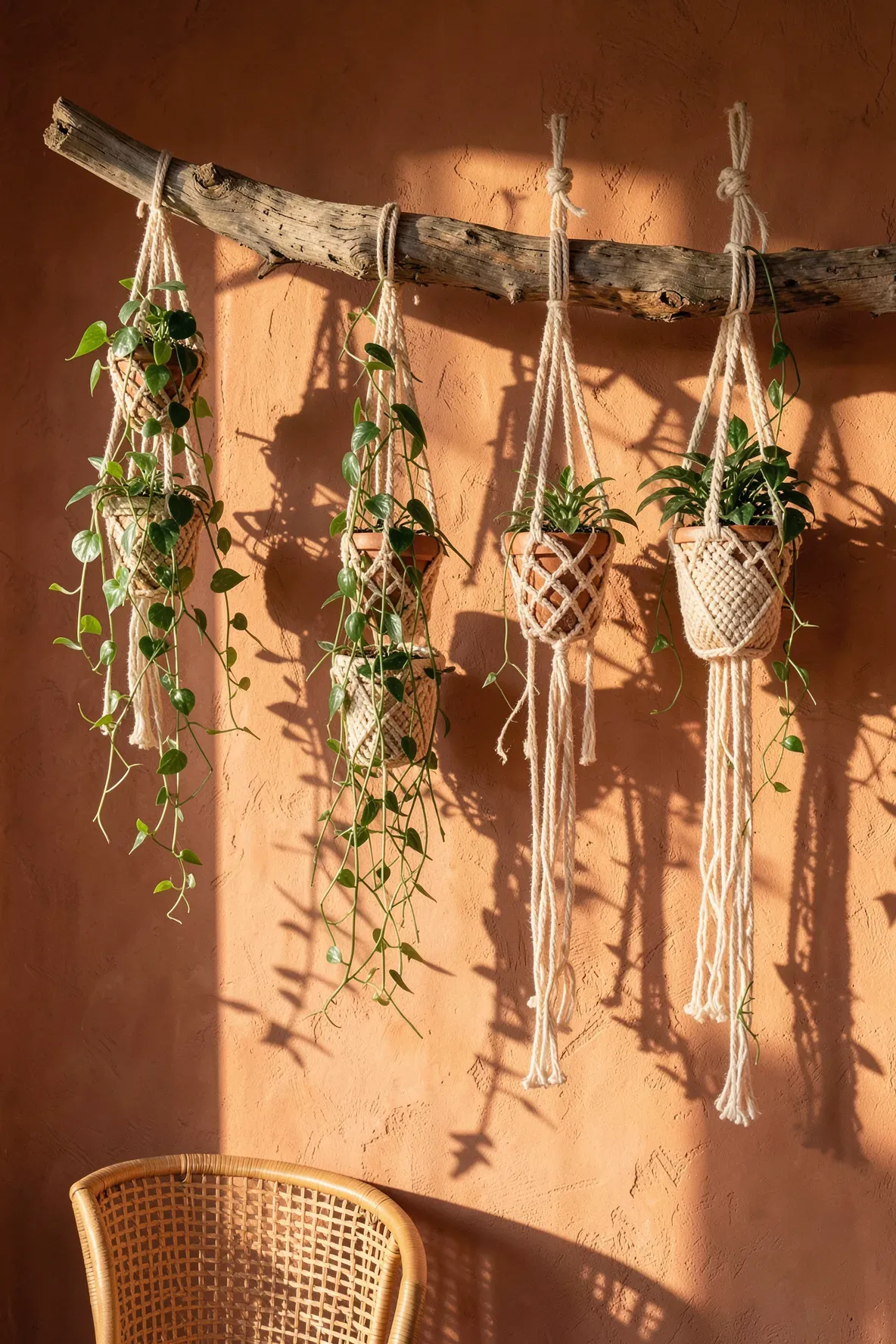 Cream macramé plant hangers with trailing vines hanging from a large driftwood branch on a wall.