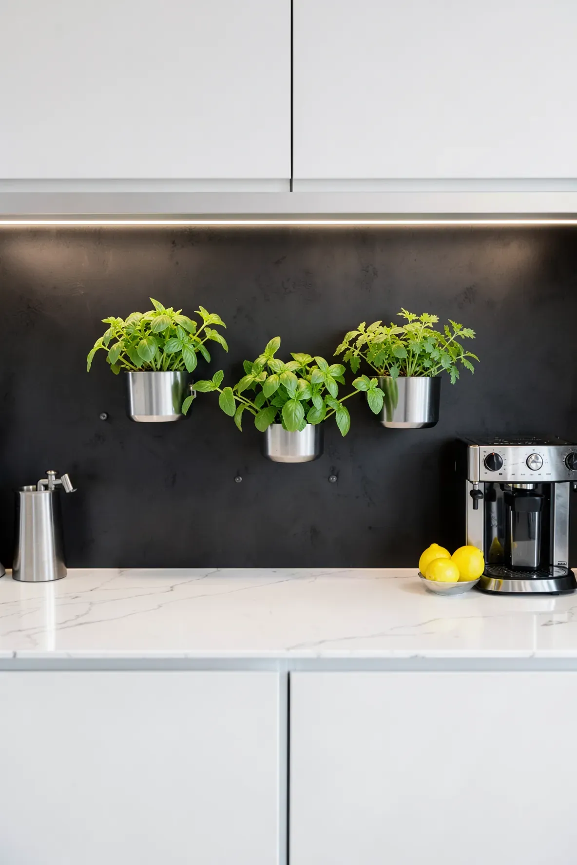 Small magnetic pods with fresh green herbs attached to a dark metal kitchen backsplash.