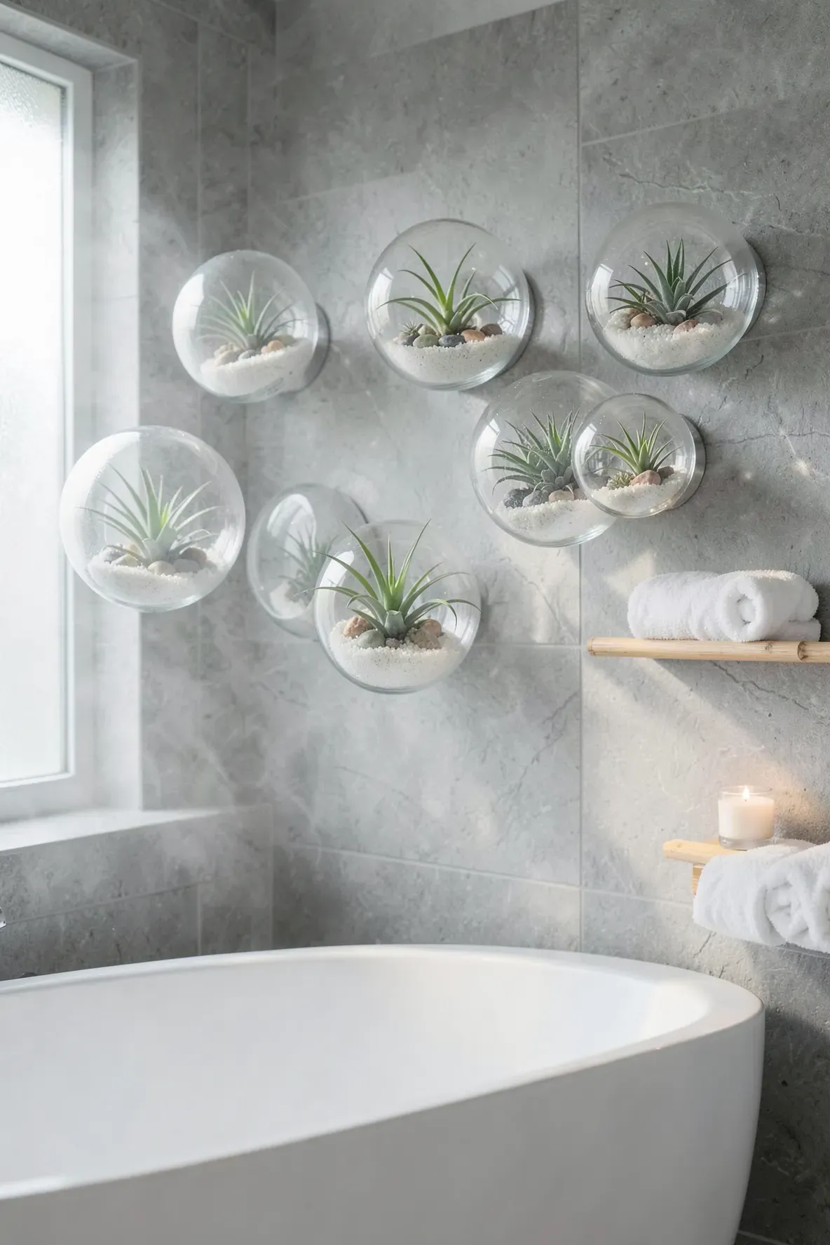 Clear glass globes containing air plants mounted on a soft gray stone bathroom wall.