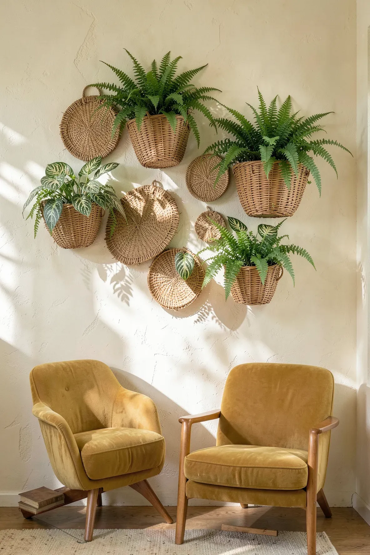 Woven seagrass baskets used as wall planters with lush green ferns in a cozy room.