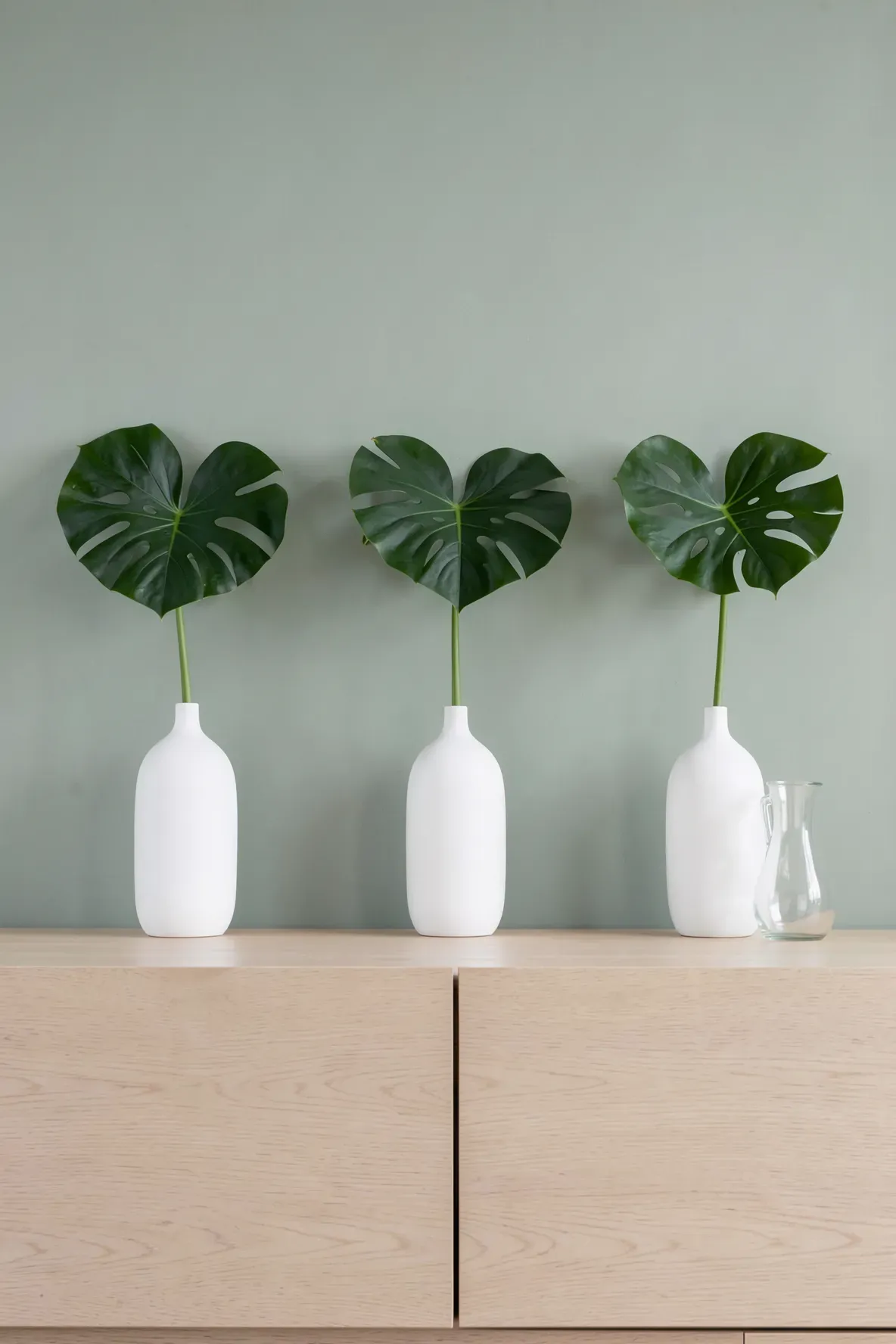 Five white ceramic wall vases in a row, each holding a single green monstera leaf.