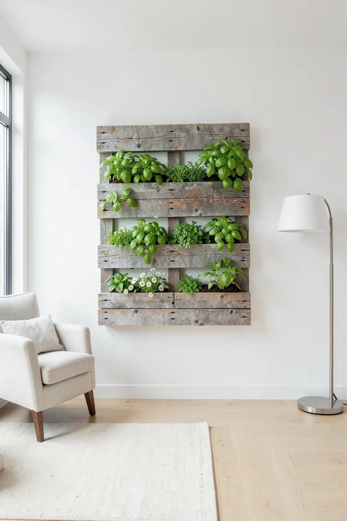 A rustic wooden pallet used as a vertical herb garden on a white living room wall.