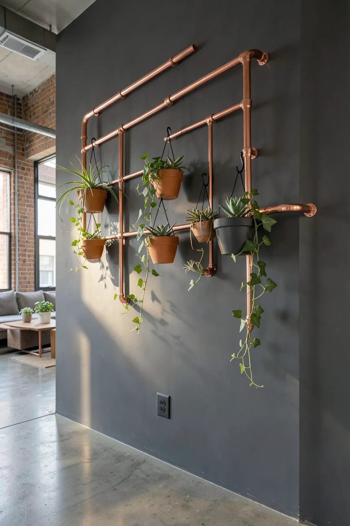 A modern copper pipe frame on a dark wall holding various hanging potted plants.
