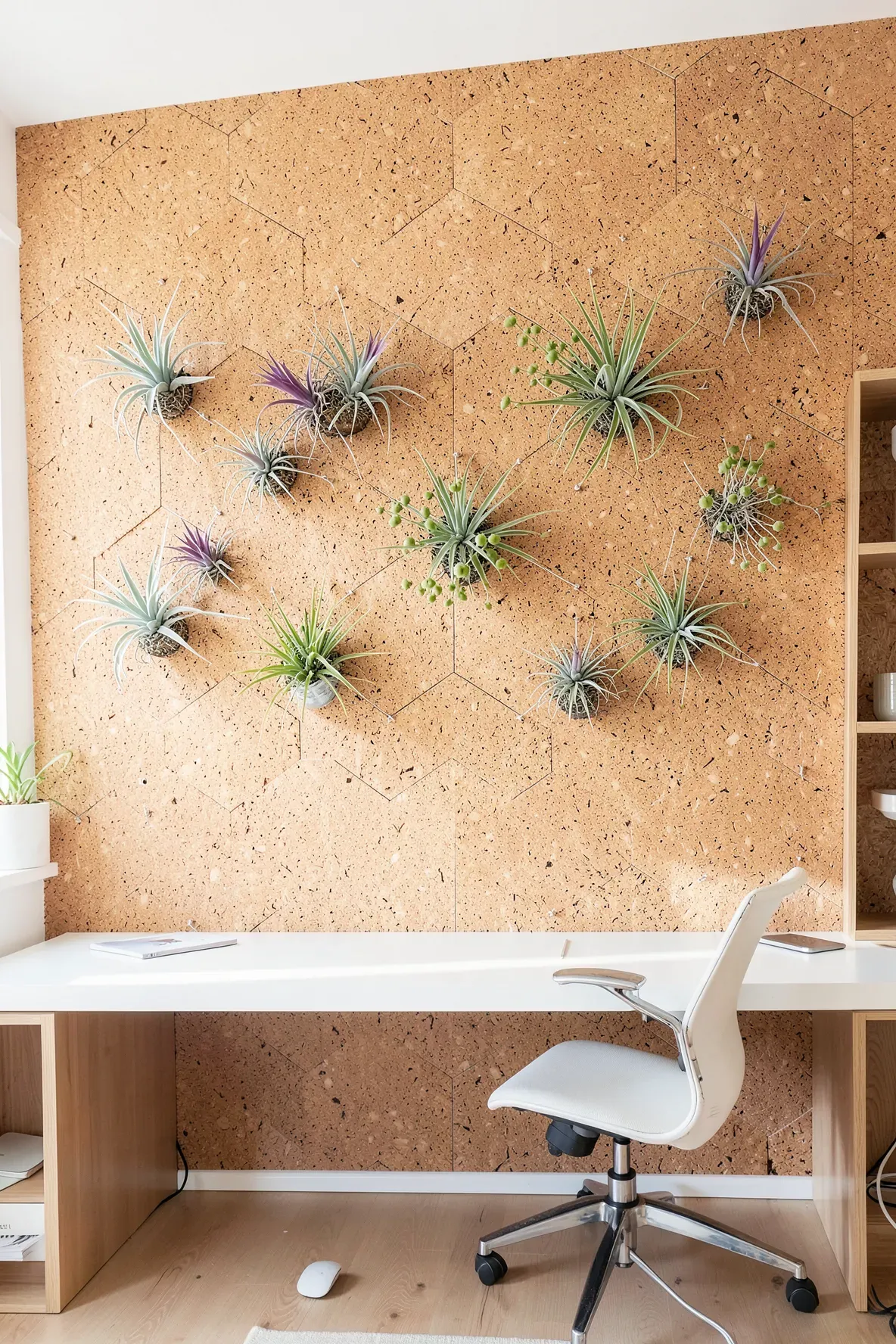 A wall of hexagonal cork tiles decorated with clusters of various air plants.