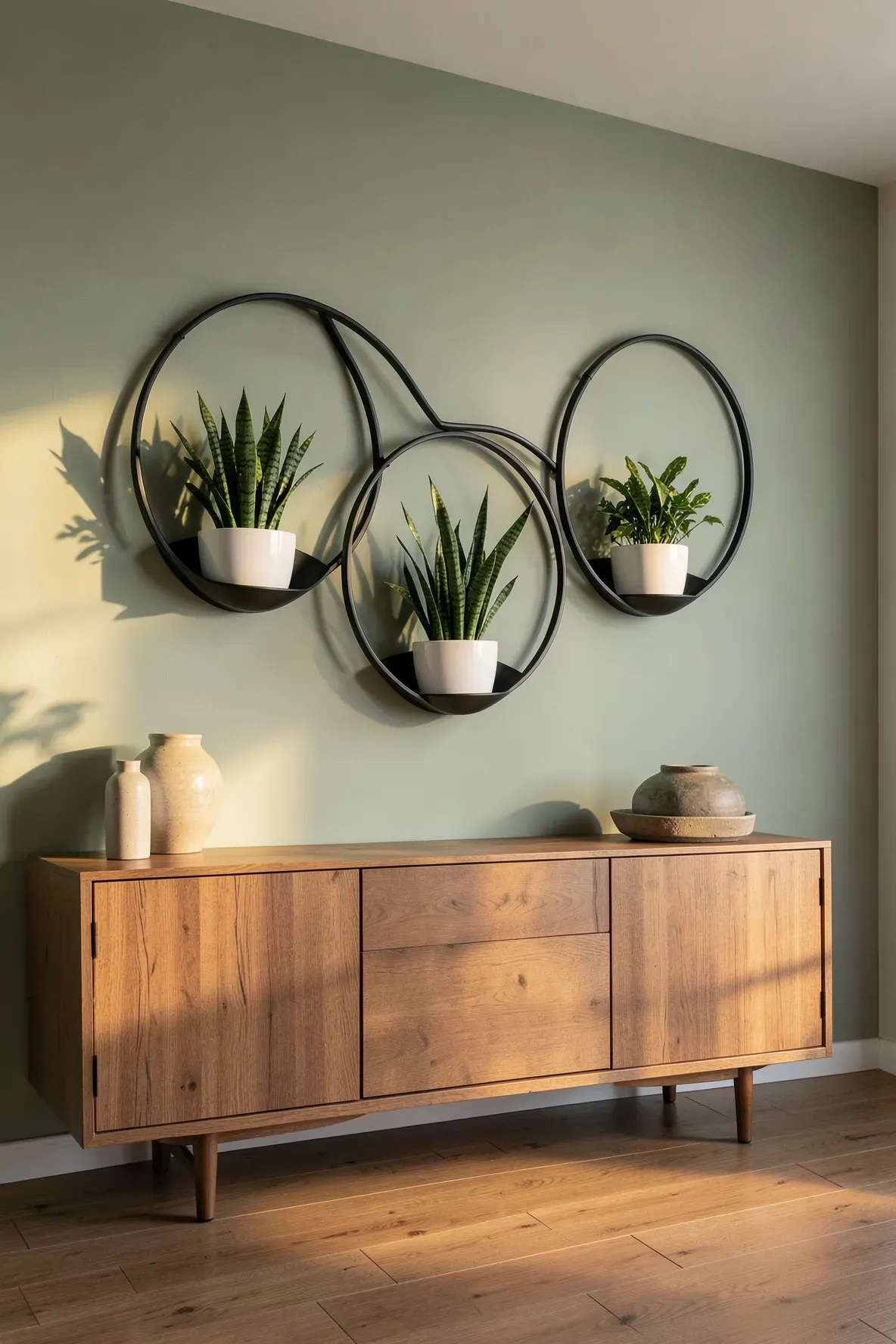 Three circular black metal wall planters holding green plants on a sage green wall.