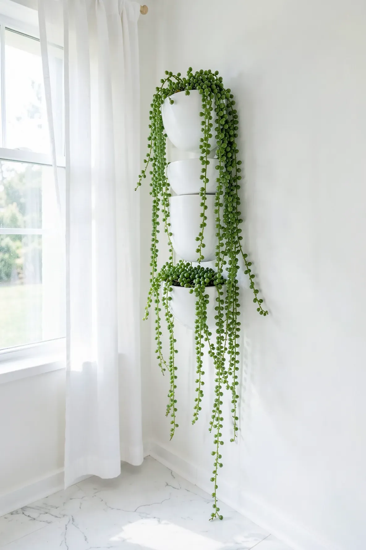 Trailing String of Pearls succulents spilling out of white half-moon wall planters.
