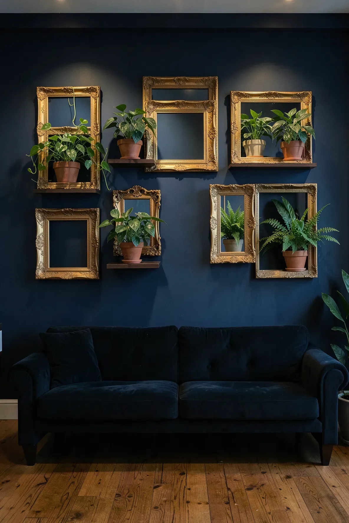 Ornate gold vintage frames surrounding live green plants on a navy blue wall.
