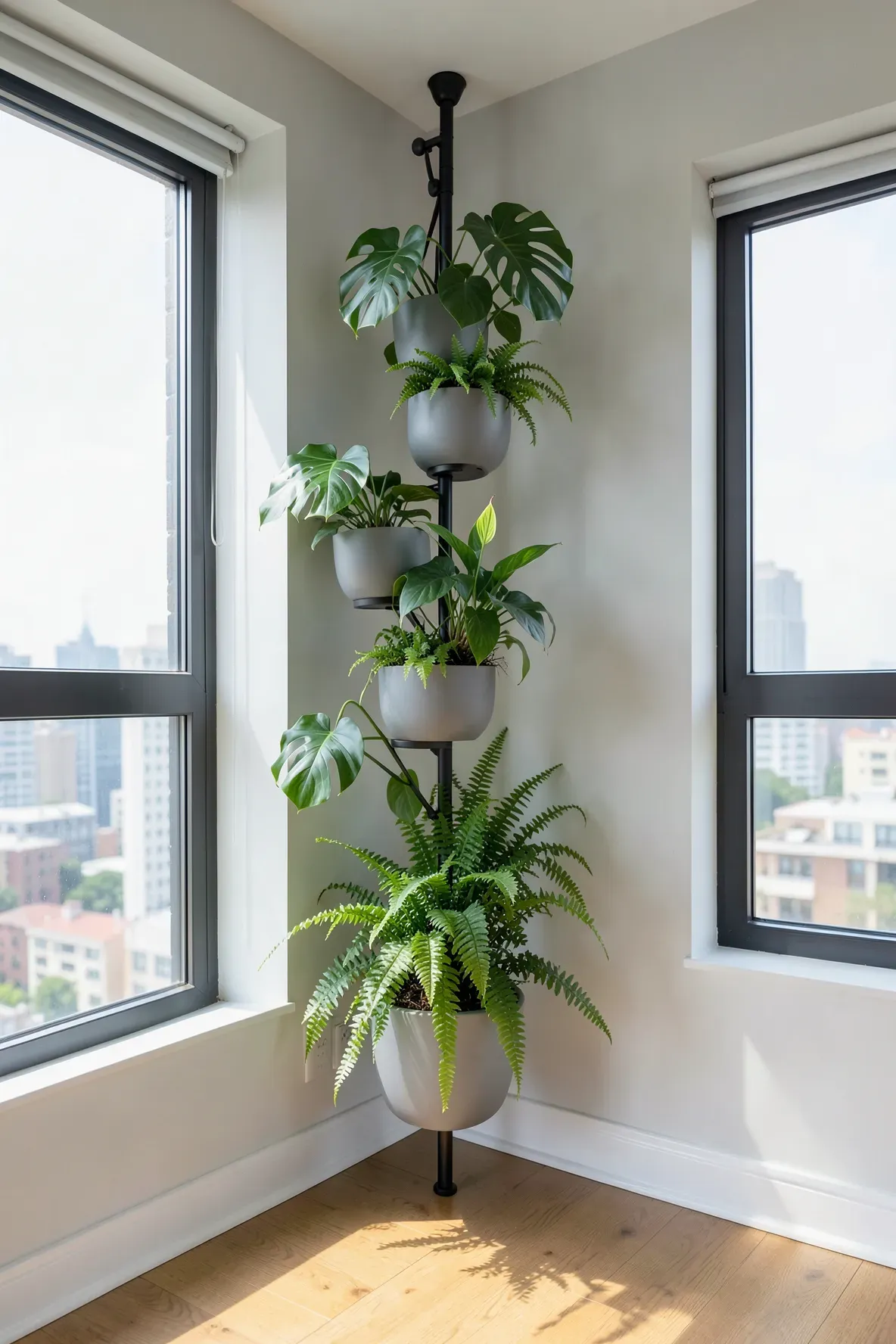 A tall black tension pole holding multiple potted plants in a bright room corner.