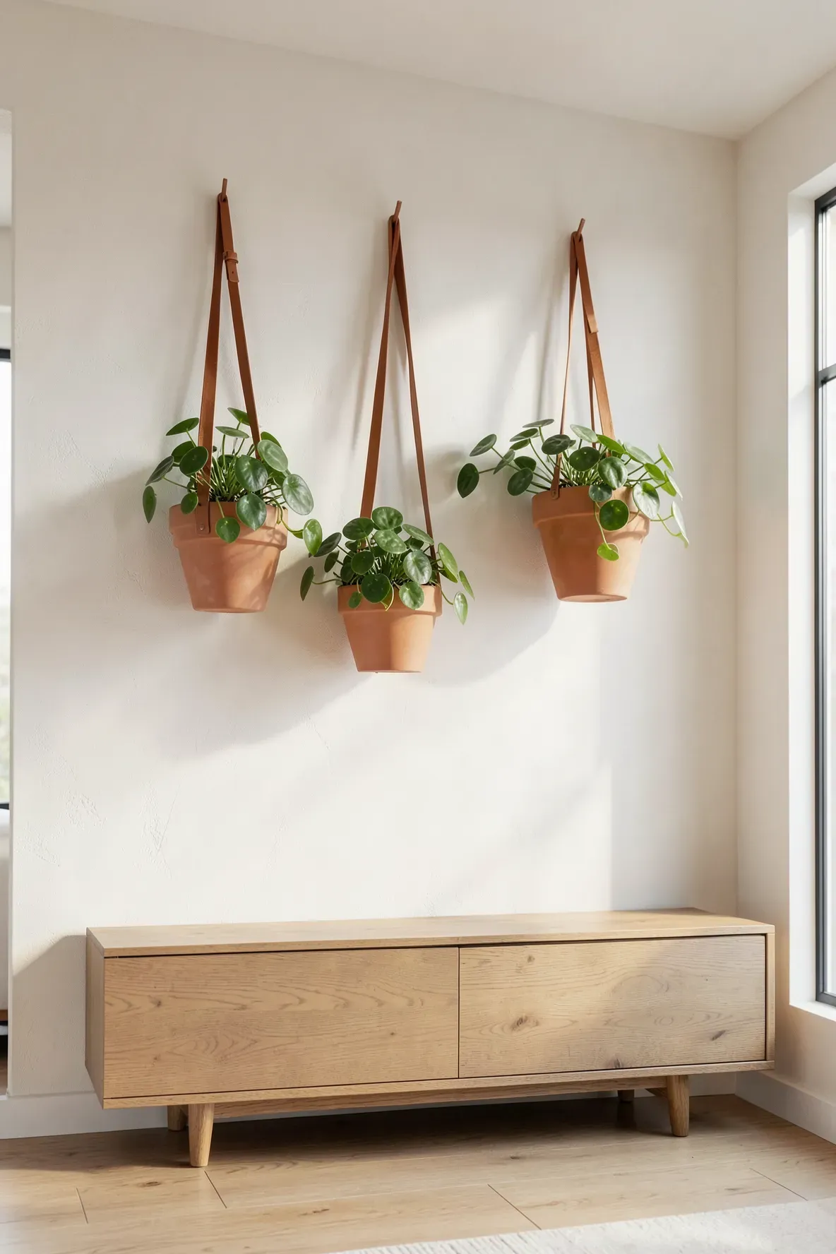 Three terracotta pots hanging from tan leather straps on a clean white living room wall.