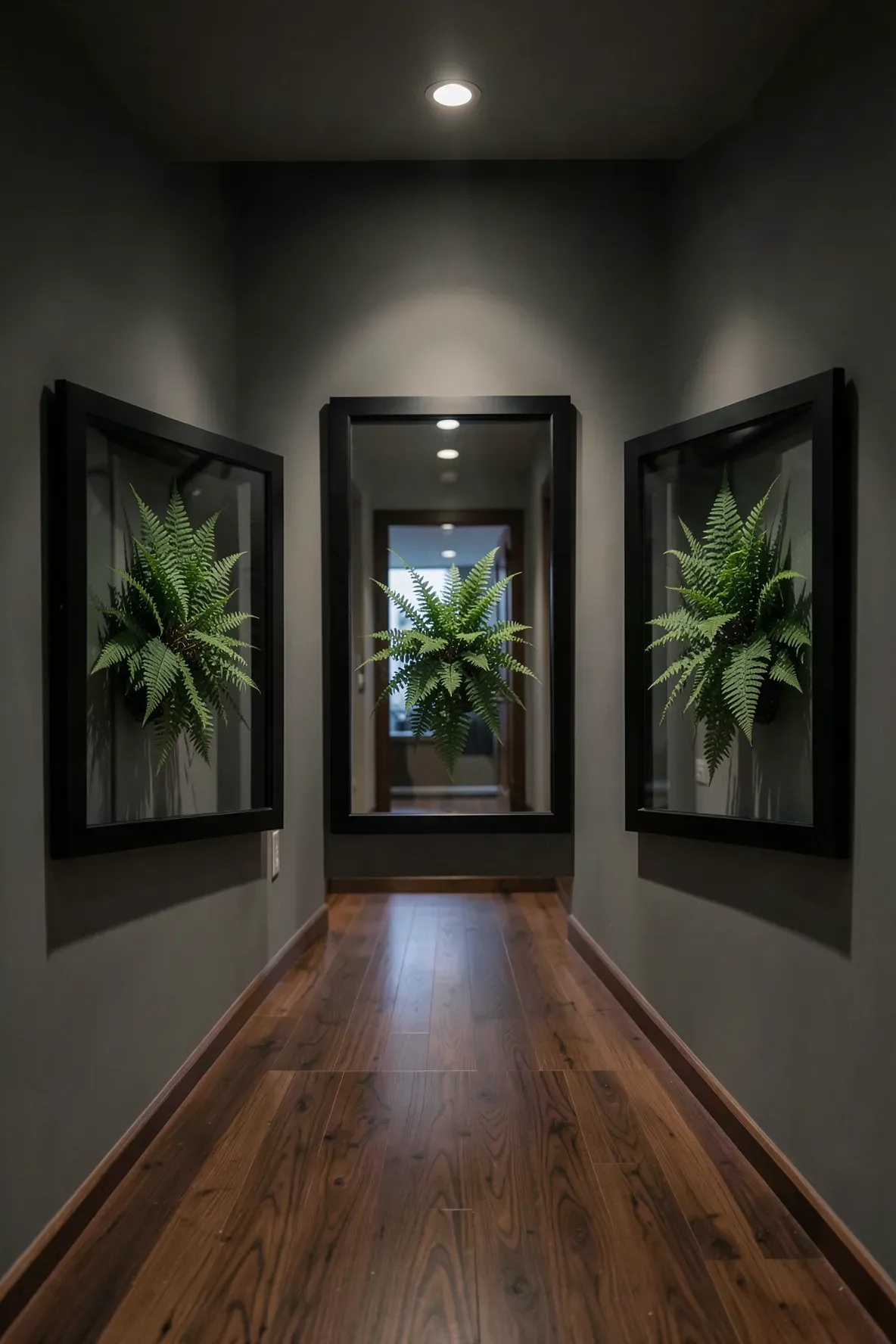 A series of black shadow boxes featuring preserved green ferns mounted on a dark gray wall.