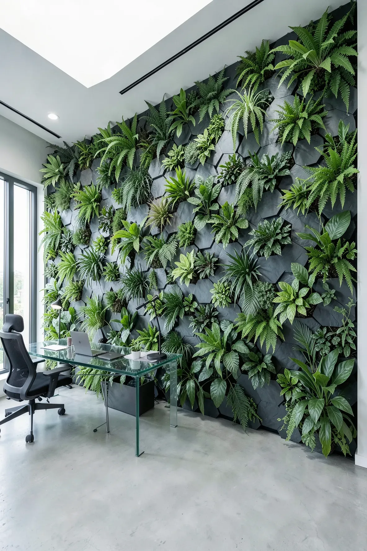 A massive geometric wall of hexagonal planters overflowing with vibrant green indoor plants.