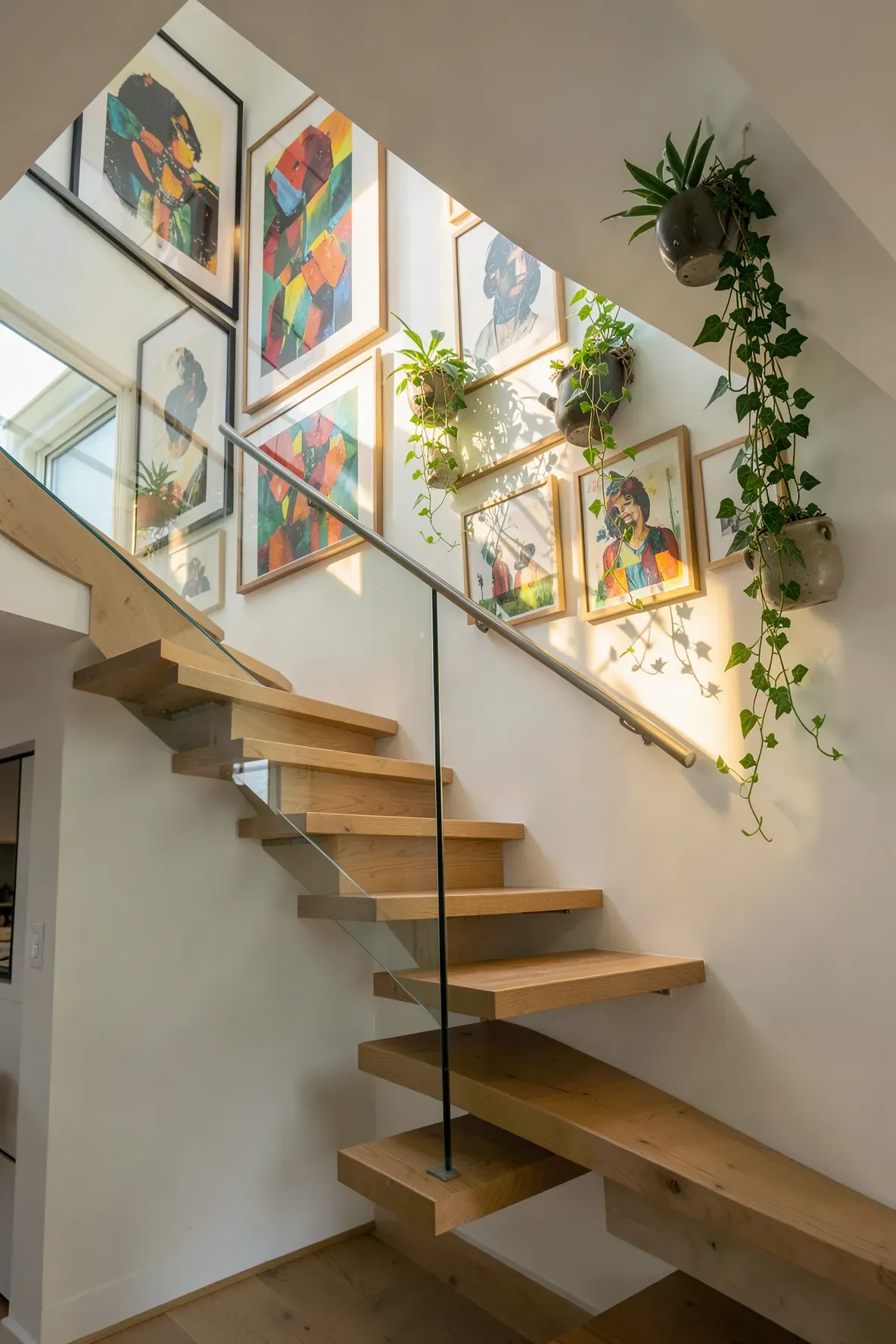 A staircase wall decorated with alternating framed paintings and hanging green trailing plants.