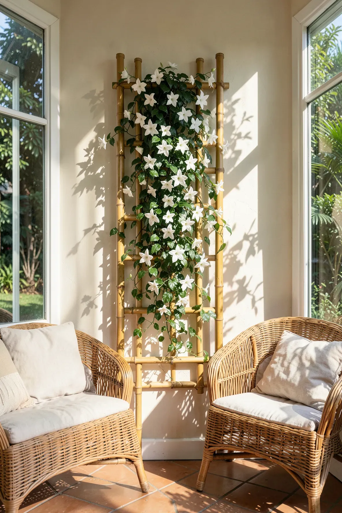 A bamboo trellis on a sunlit wall with a climbing jasmine plant featuring small white flowers.