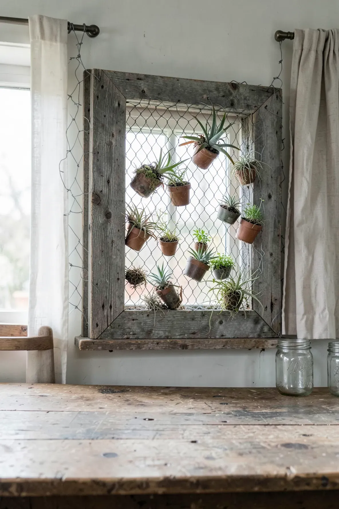 An antique wooden window frame with chicken wire holding small potted herbs on a kitchen wall.