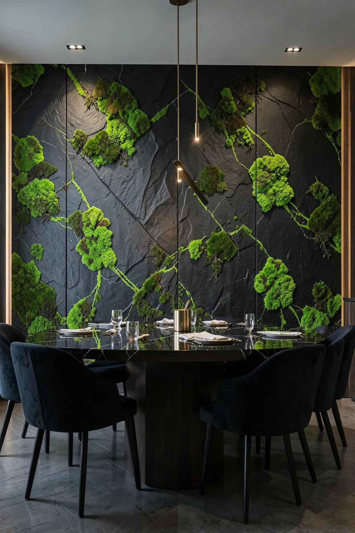 Vibrant neon green moss arranged in patterns on dark black slate panels in a modern room.