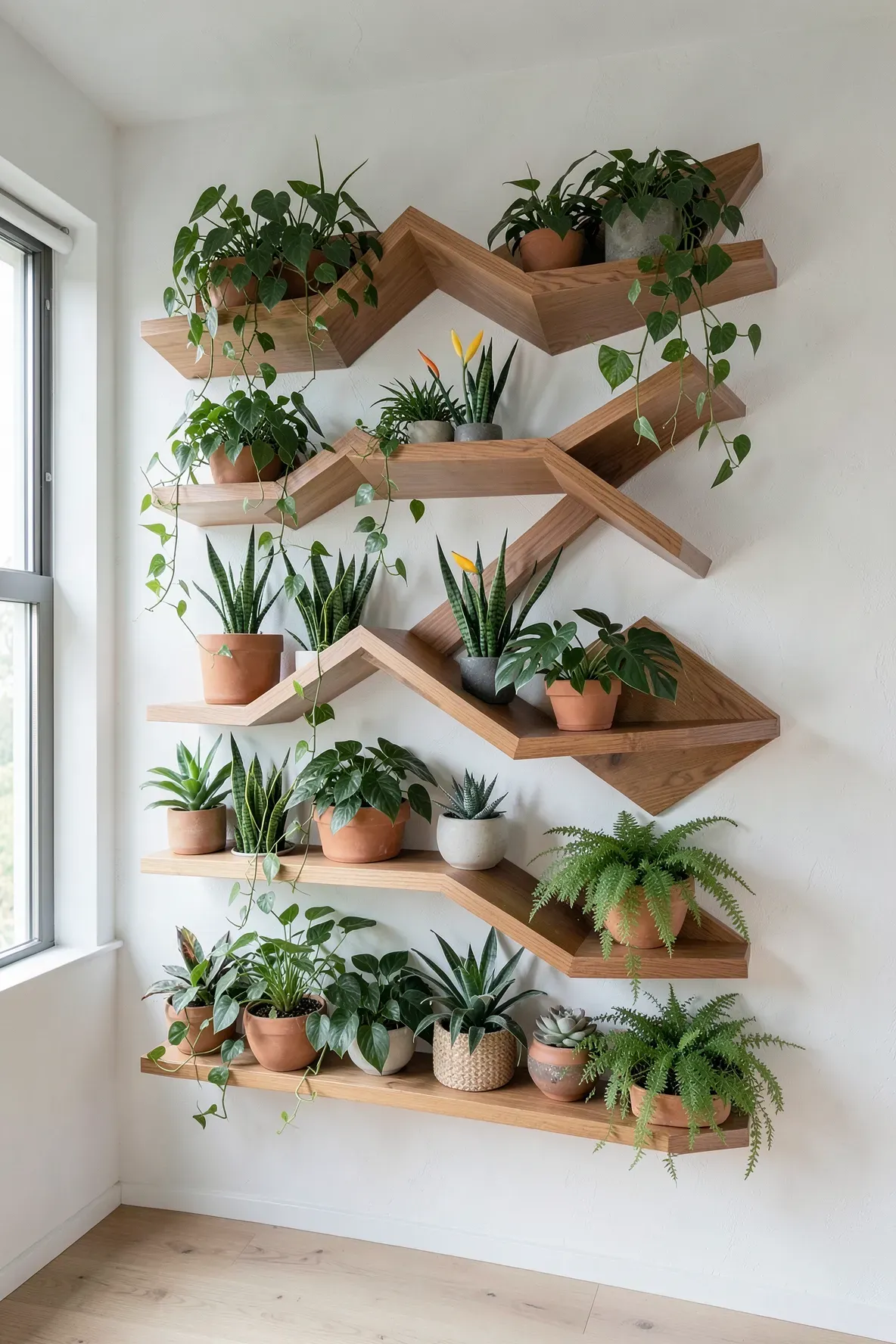A lush vertical garden on zig-zag wooden shelves against a white living room wall with diverse green plants.