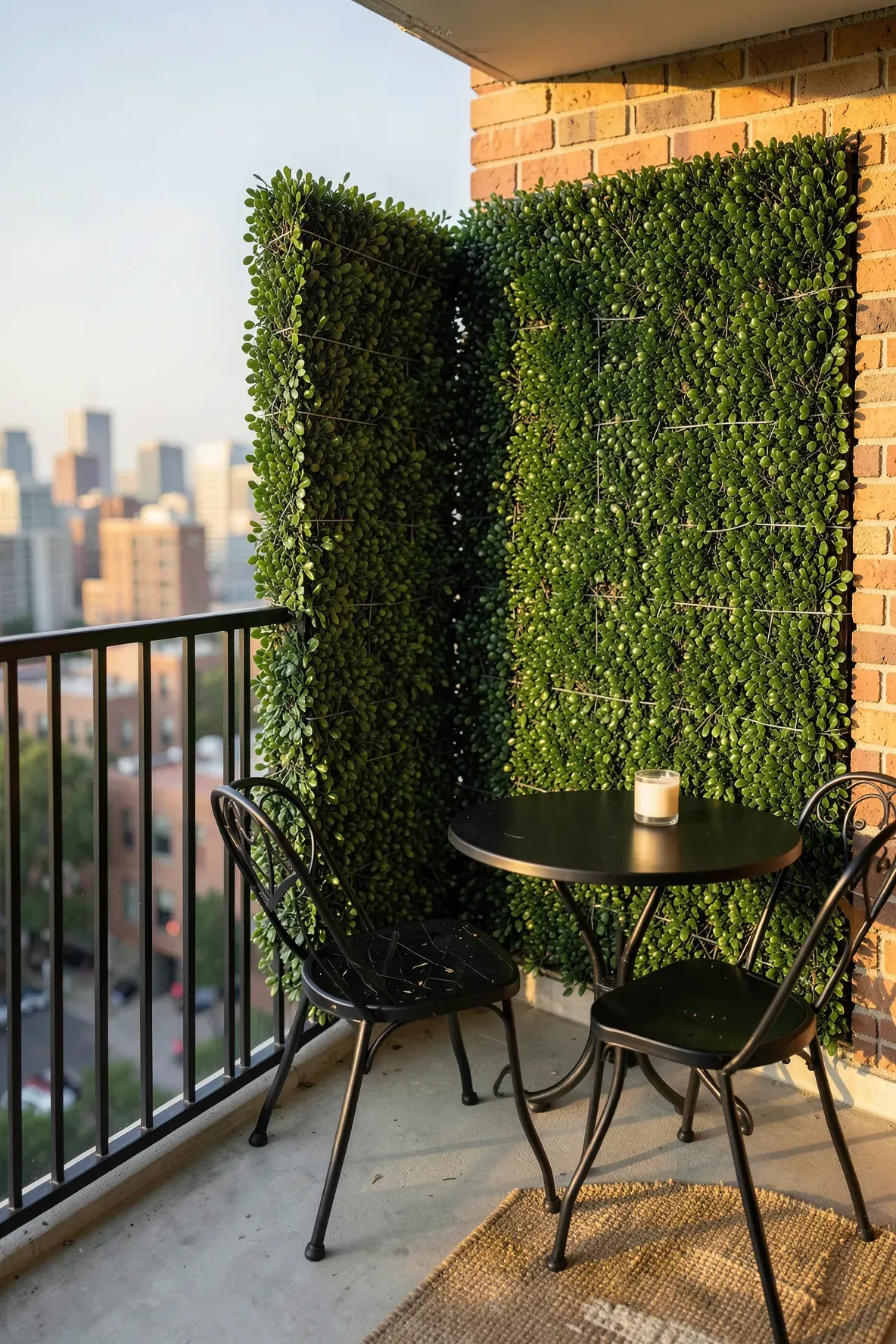 Dense green boxwood panels attached to a balcony railing providing privacy in a city apartment.