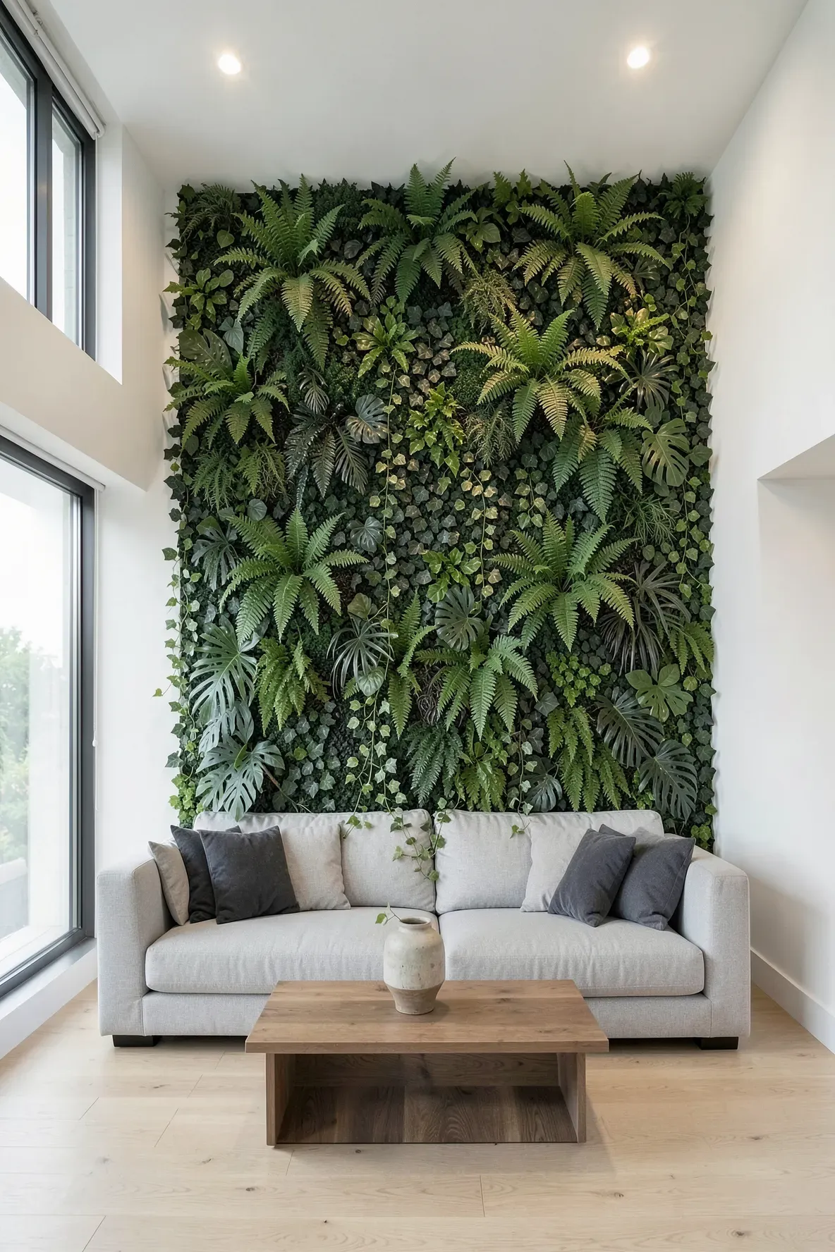 A lush artificial green wall with ferns and ivy behind a gray sofa in a modern living room.