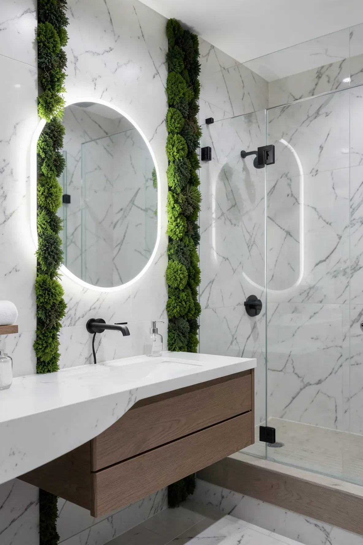 A vertical strip of green synthetic moss tiles on a white marble bathroom wall.