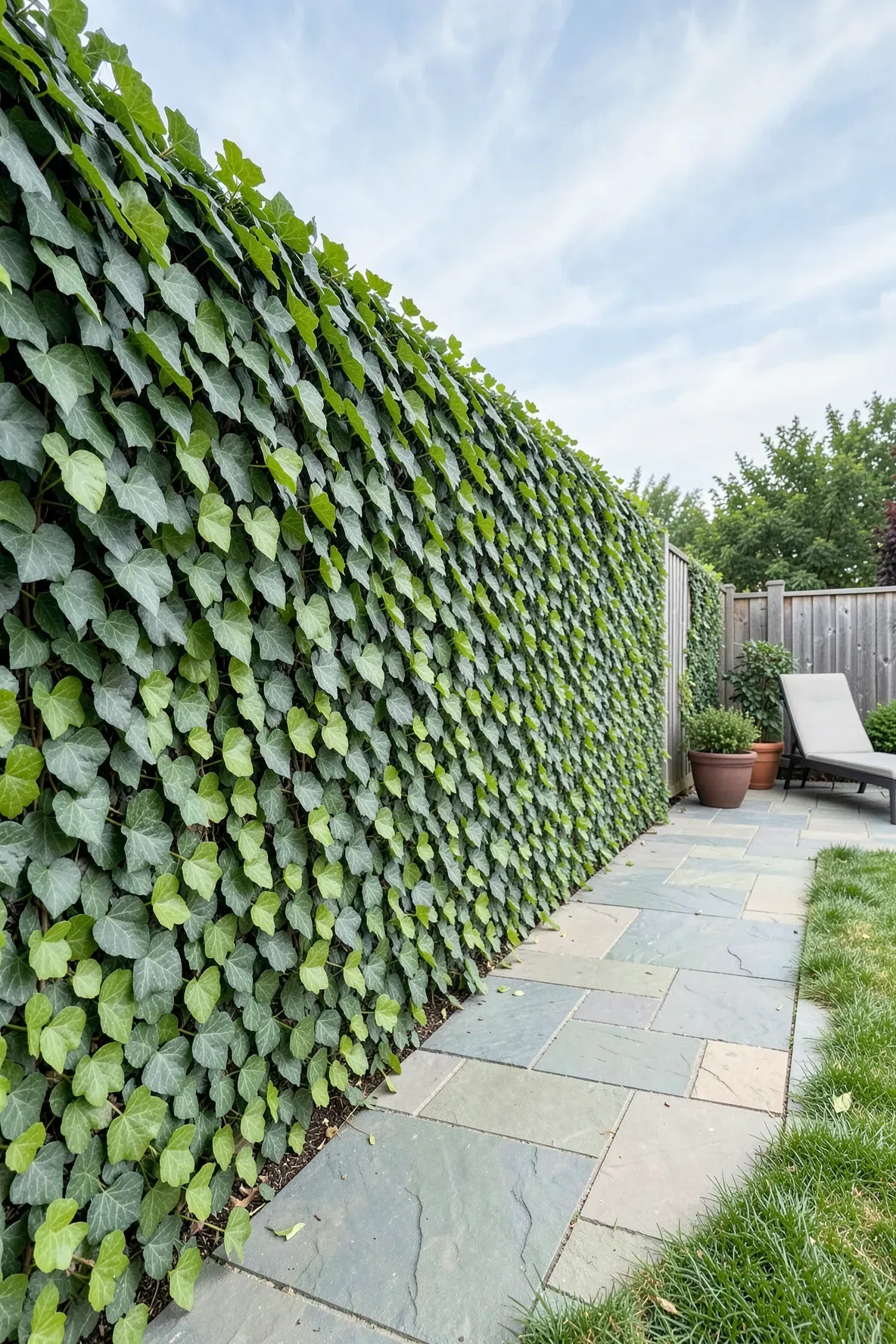 A wooden garden fence covered in a dense screen of artificial green ivy leaves.