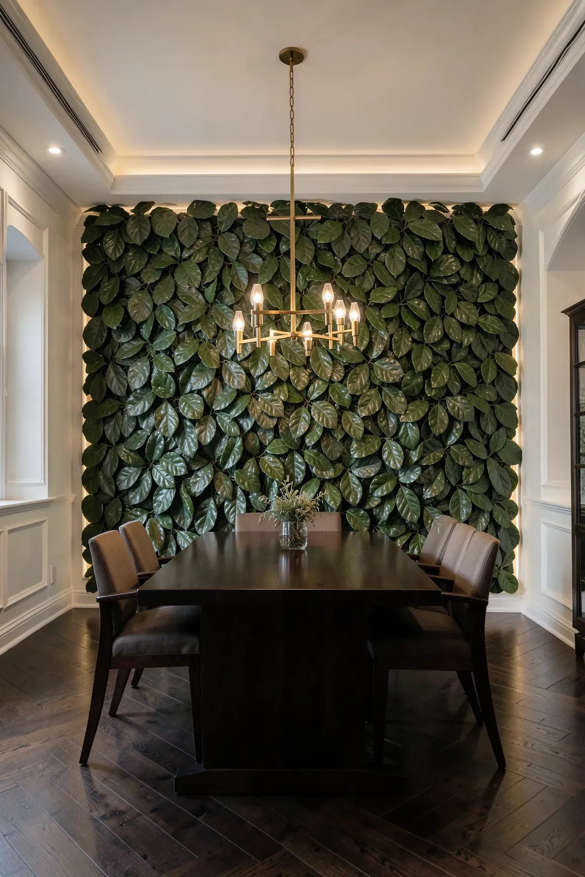 A formal dining room featuring a floor-to-ceiling wall of lush green artificial magnolia leaves.