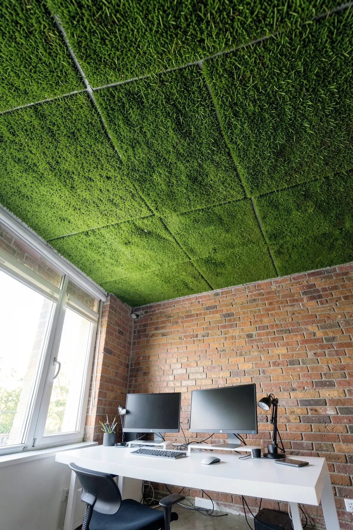 A modern home office with a unique ceiling completely covered in green artificial grass panels.