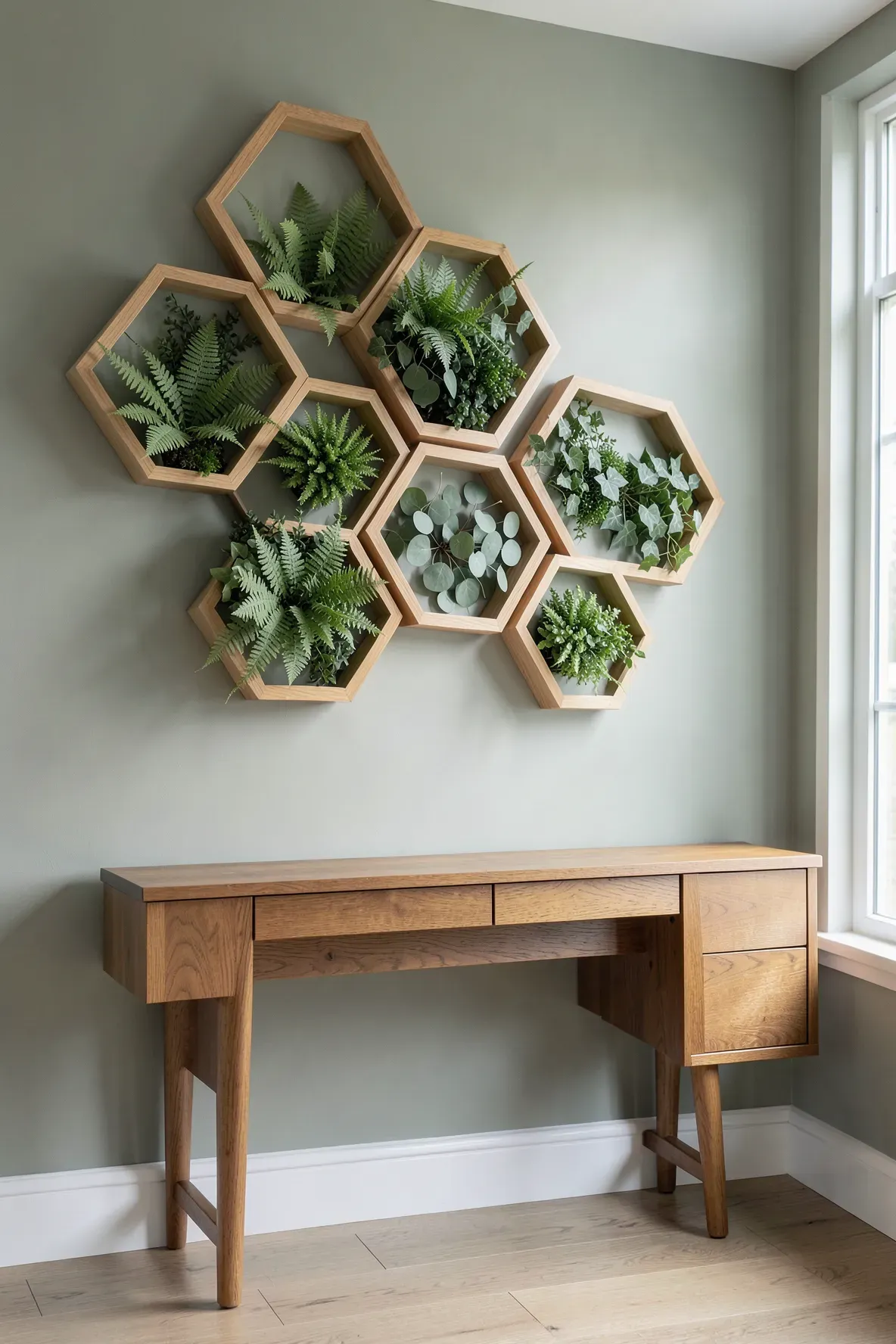 A wall display of hexagonal wooden frames filled with different types of artificial green leaves.