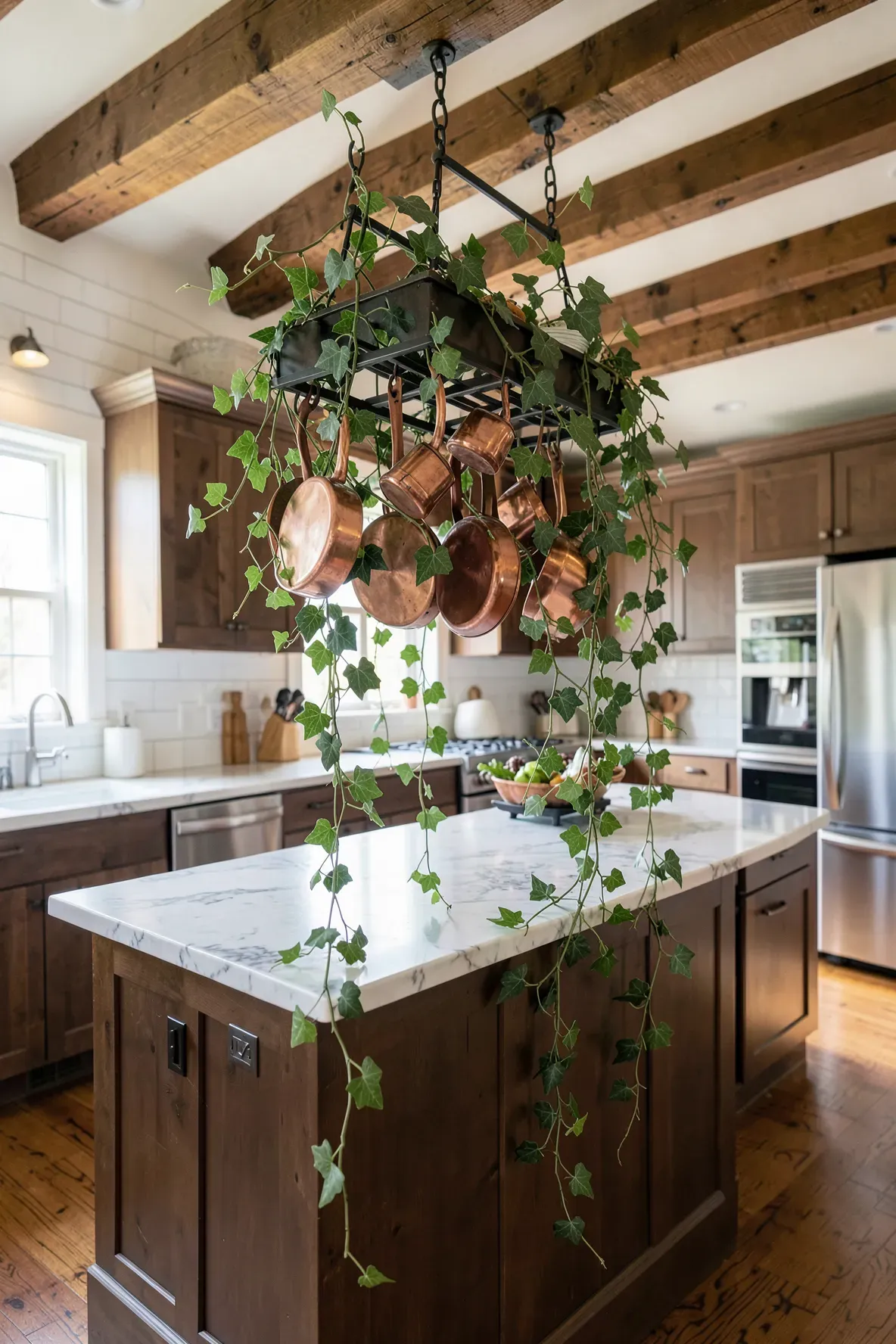 Artificial ivy and grapevines draped over a black metal pot rack in a farmhouse kitchen.