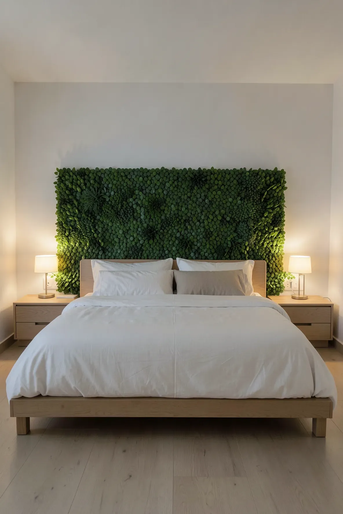 A bedroom featuring a textured green faux boxwood panel headboard behind a white bed.