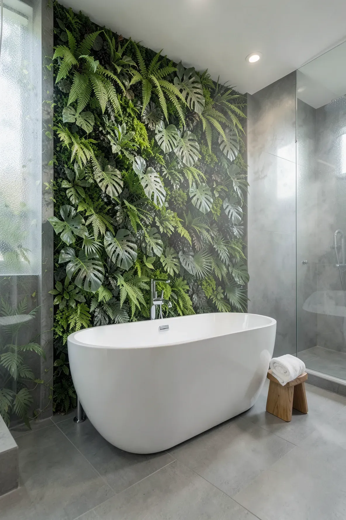 A white freestanding bathtub set against a lush wall of artificial tropical plants and ferns.