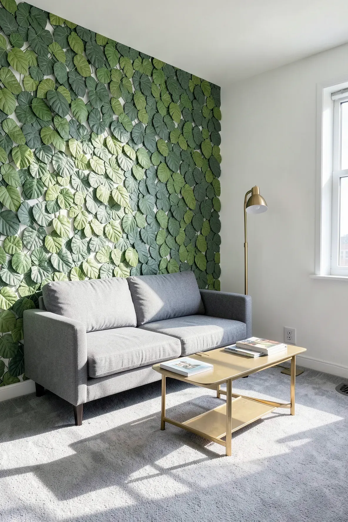 A living room with a removable 3D artificial leaf accent wall behind a modern grey sofa.