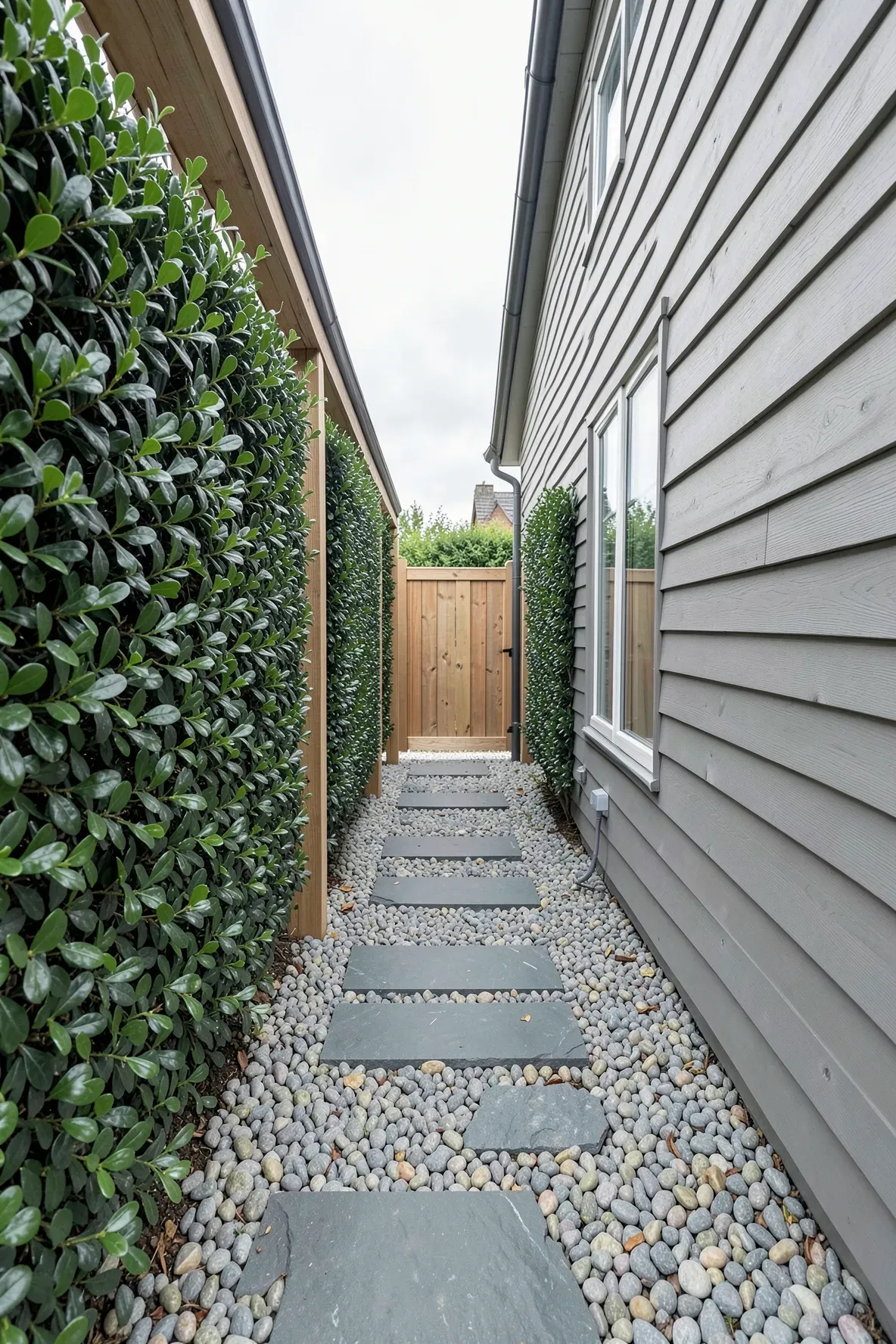 A narrow side yard path lined with a dense, dark green artificial laurel hedge.