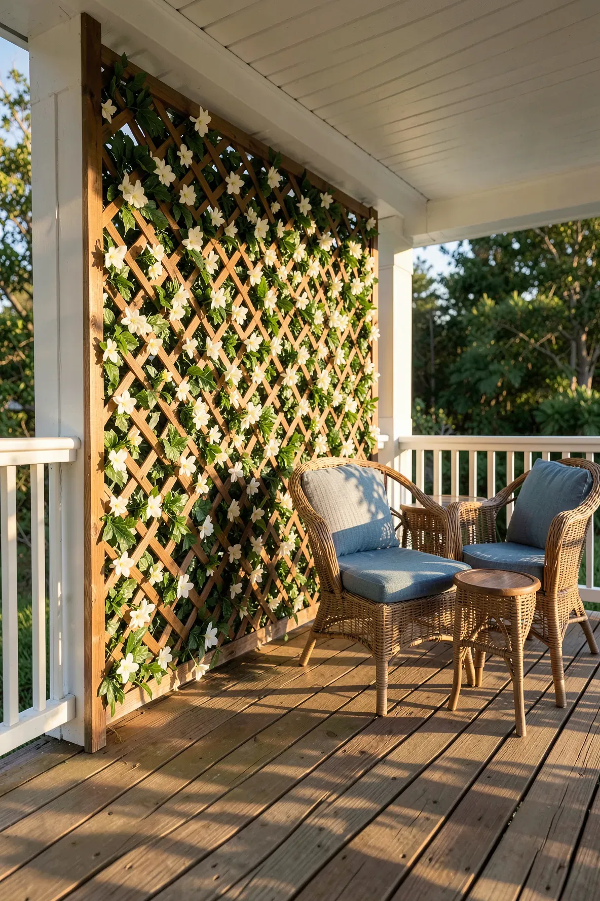 A wooden porch privacy screen made of a trellis covered in green leaves and white flowers.