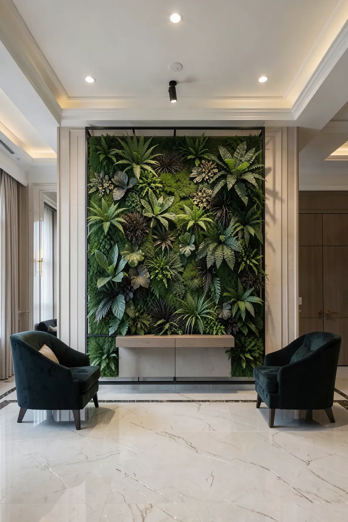 A large, professionally framed mixed-texture artificial plant wall in a luxury living room.