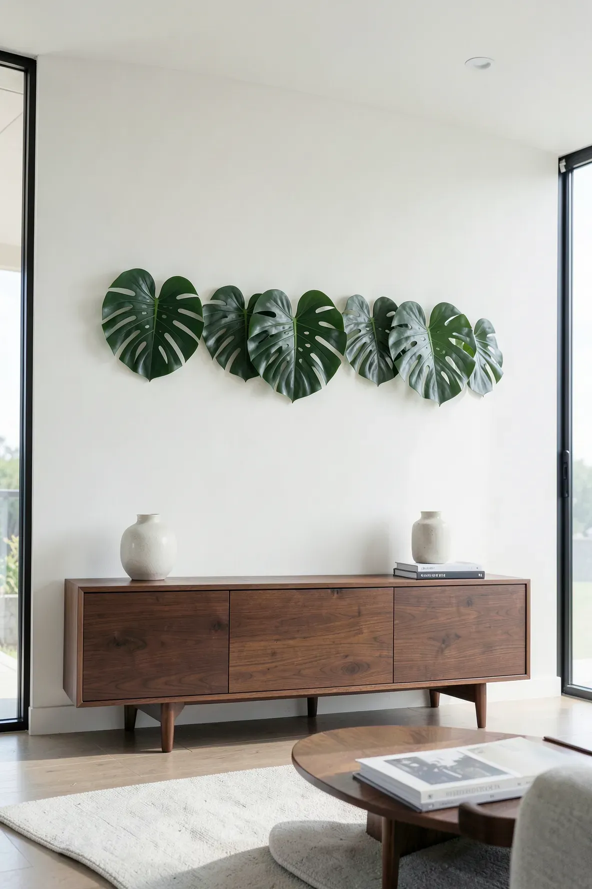 Individual faux monstera leaves mounted in a row on a white wall above a wooden sideboard.