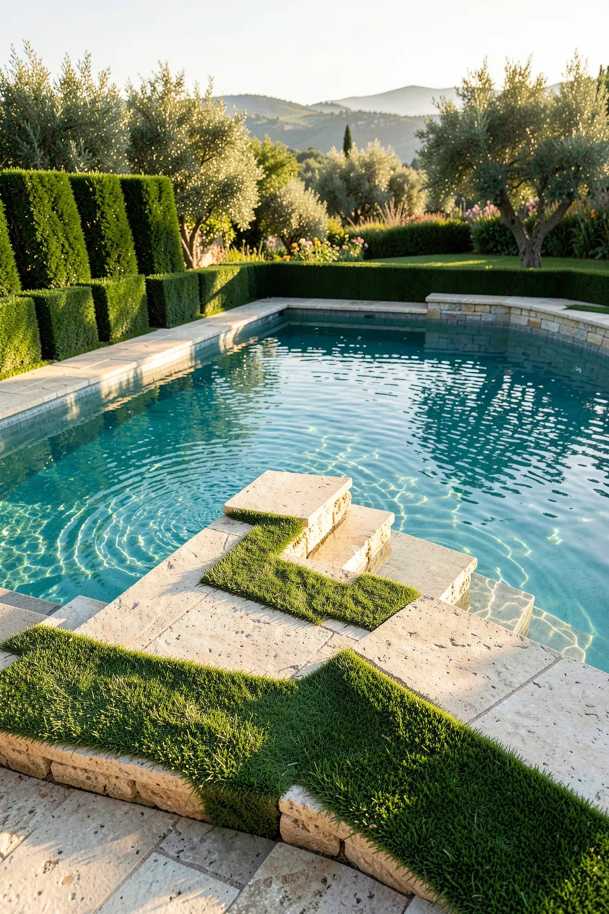 A luxury pool area with artificial grass borders on stone walls and steps under golden hour light.