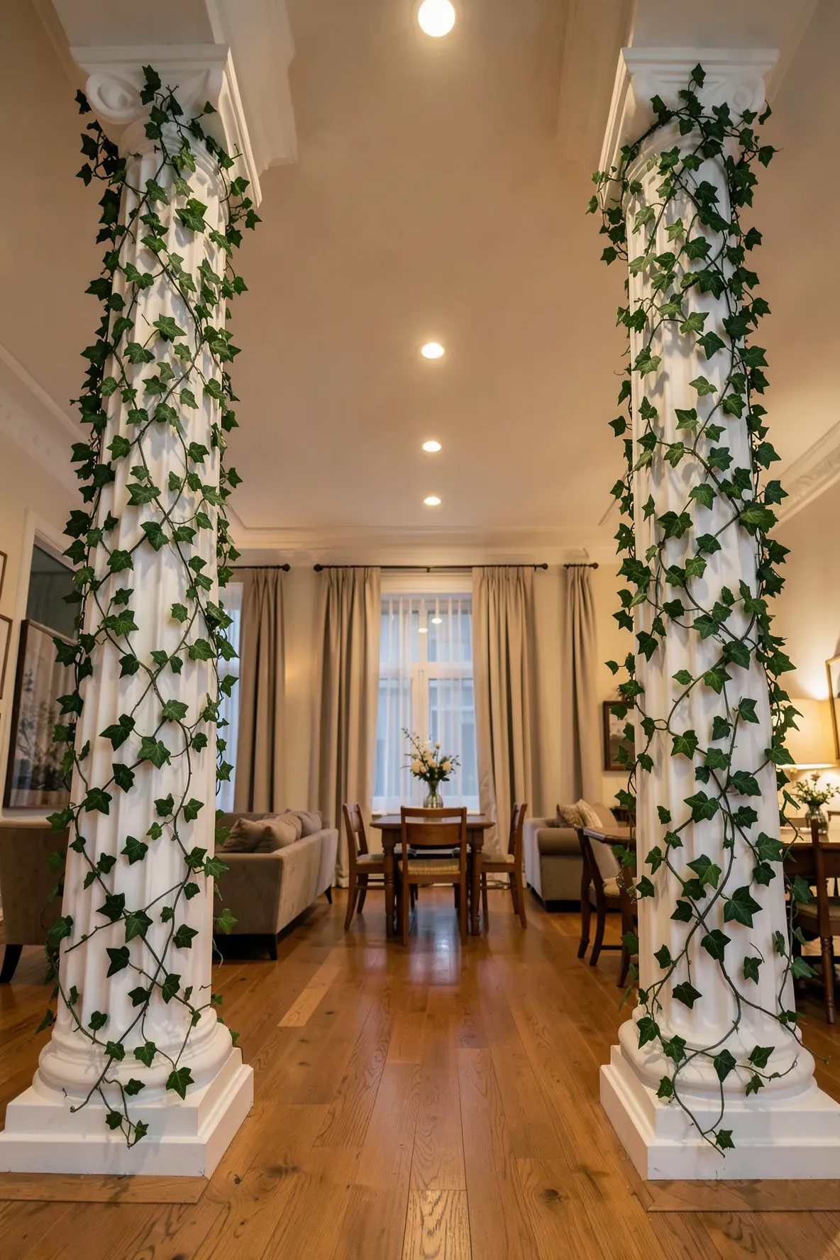 White interior columns wrapped in green artificial ivy garlands in a classic home setting.