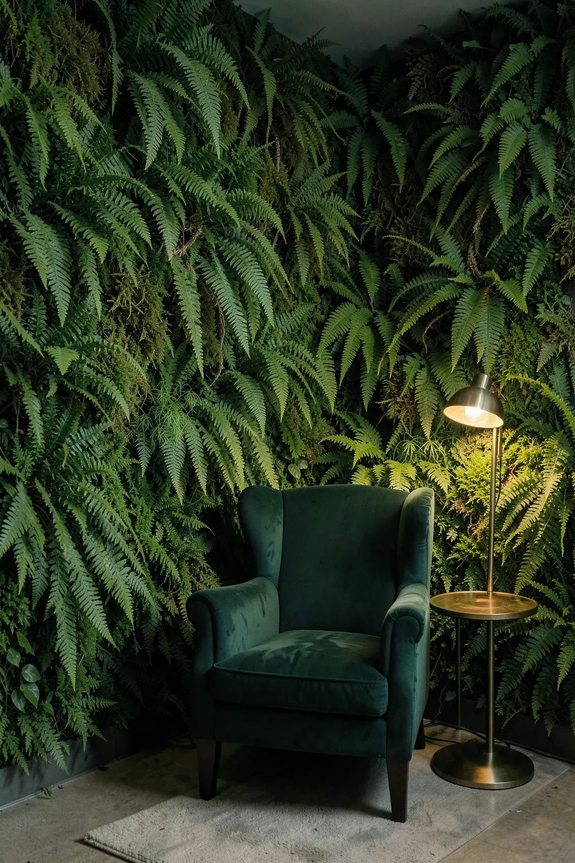 A cozy reading nook with a velvet chair against a wall covered in lush, layered artificial ferns.