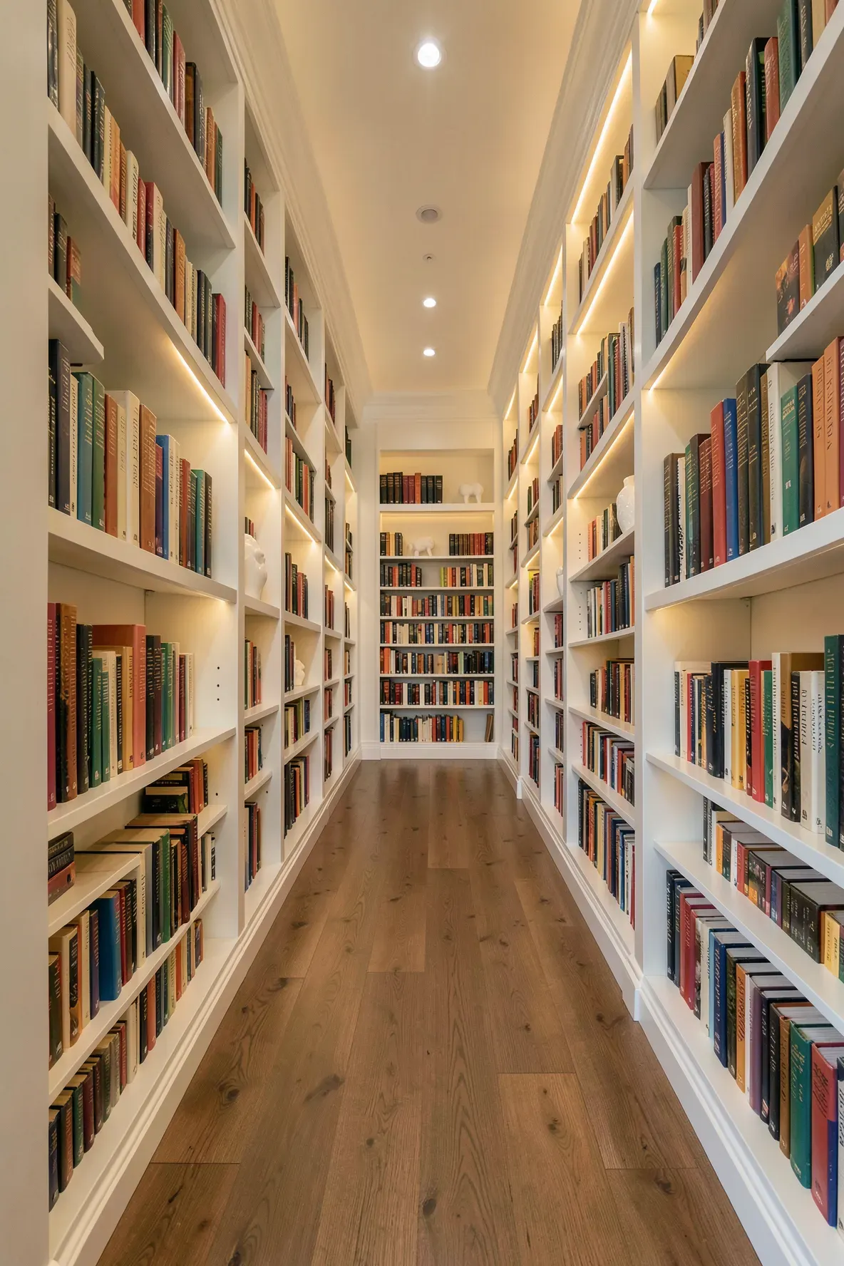 Floor-to-ceiling white bookshelves filled with books lining a narrow residential hallway.