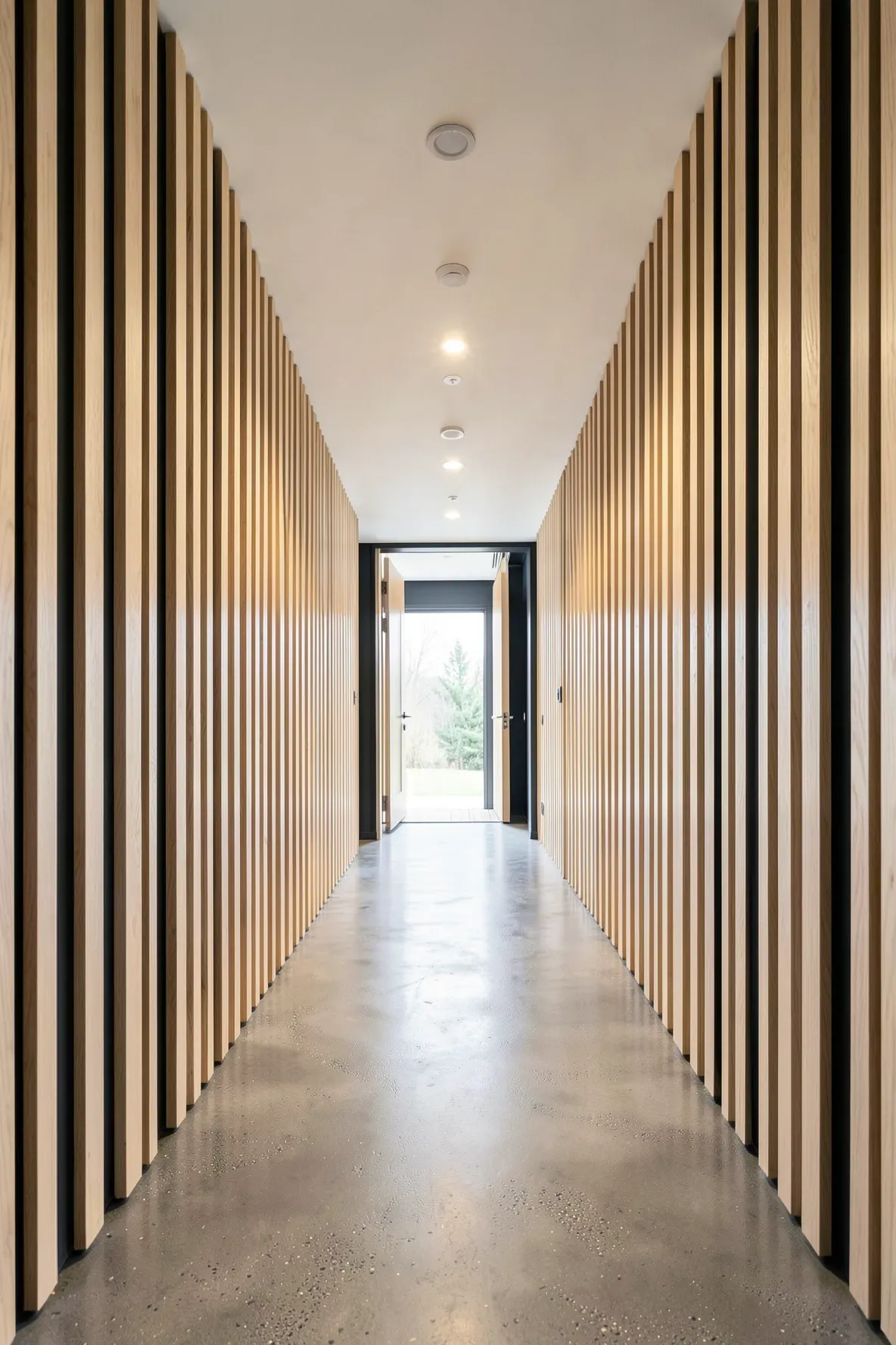 A narrow modern hallway featuring vertical light wood slat panels on the wall and polished floors.