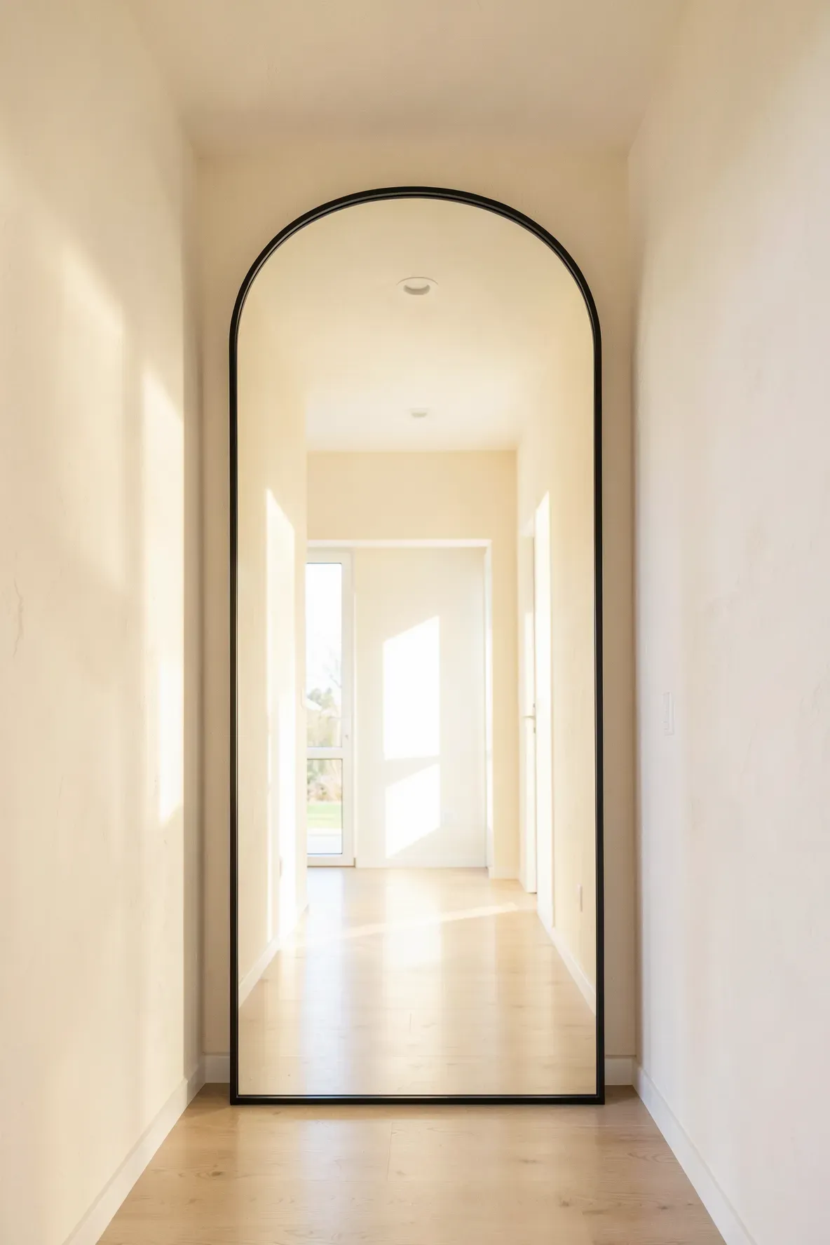 A large arched mirror leaning against the wall at the end of a narrow hallway, reflecting light.