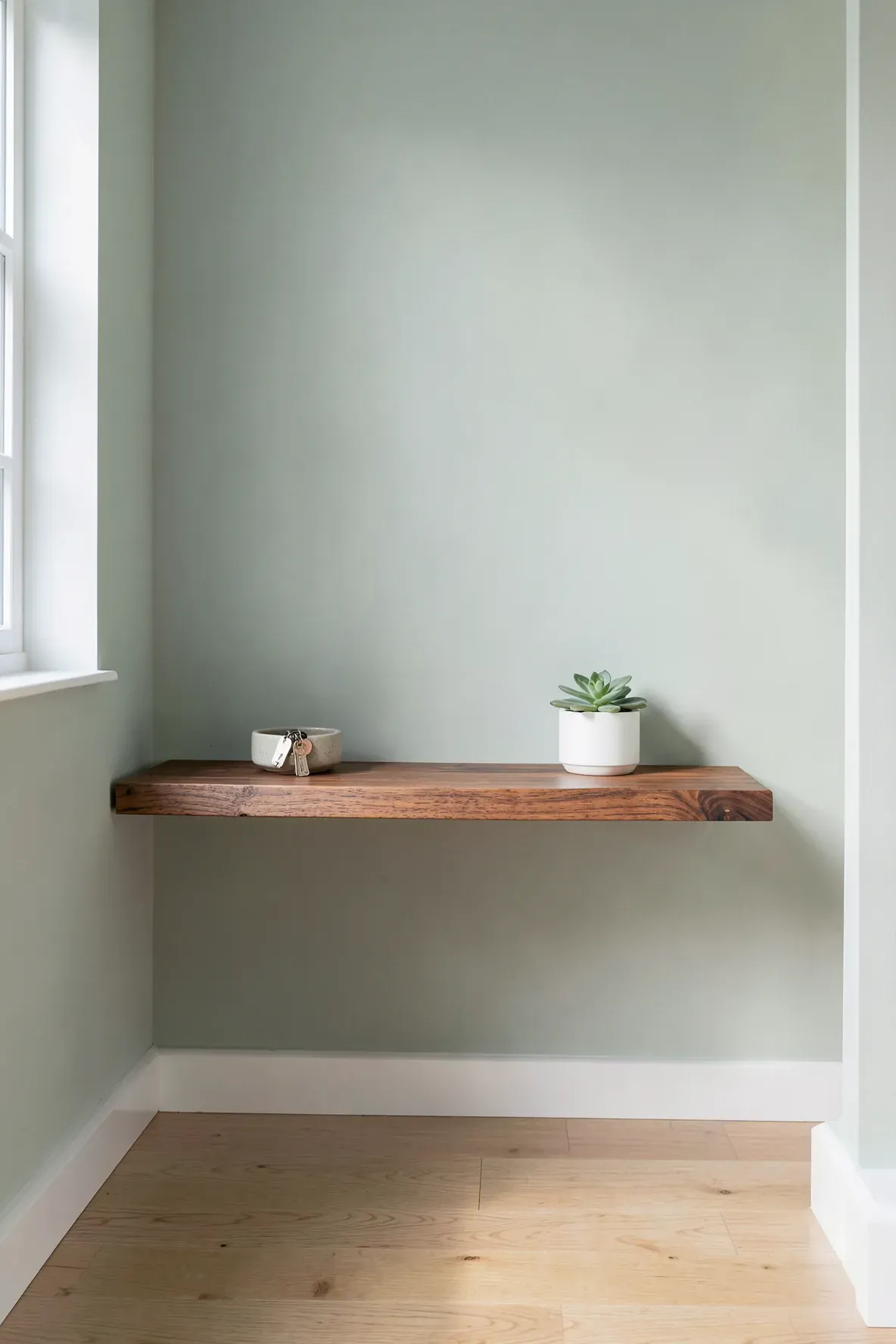 A slim walnut floating shelf mounted on a sage green wall in a narrow entryway.
