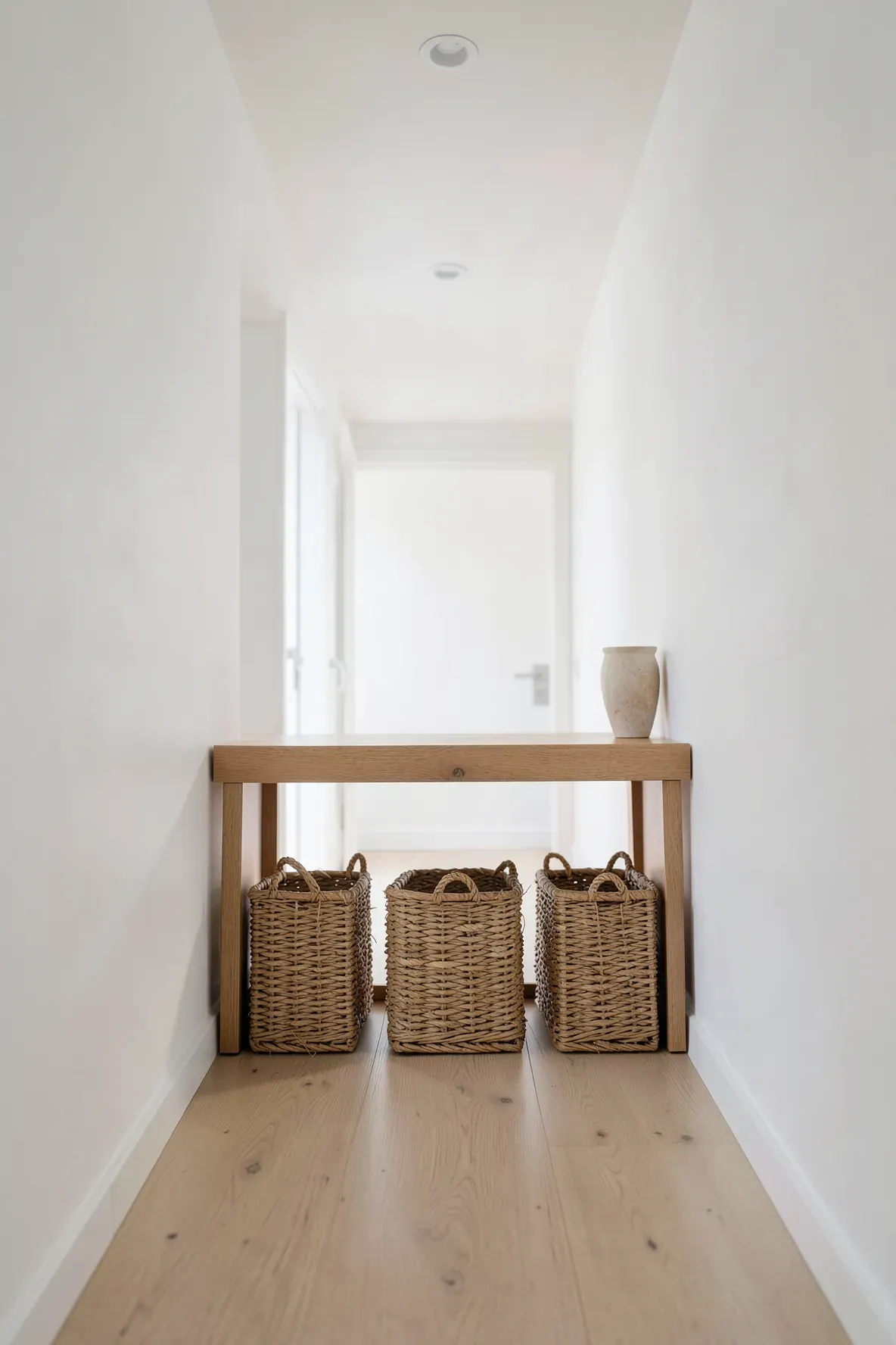 Three wicker baskets stored under a slim wooden console table in a bright narrow hallway.